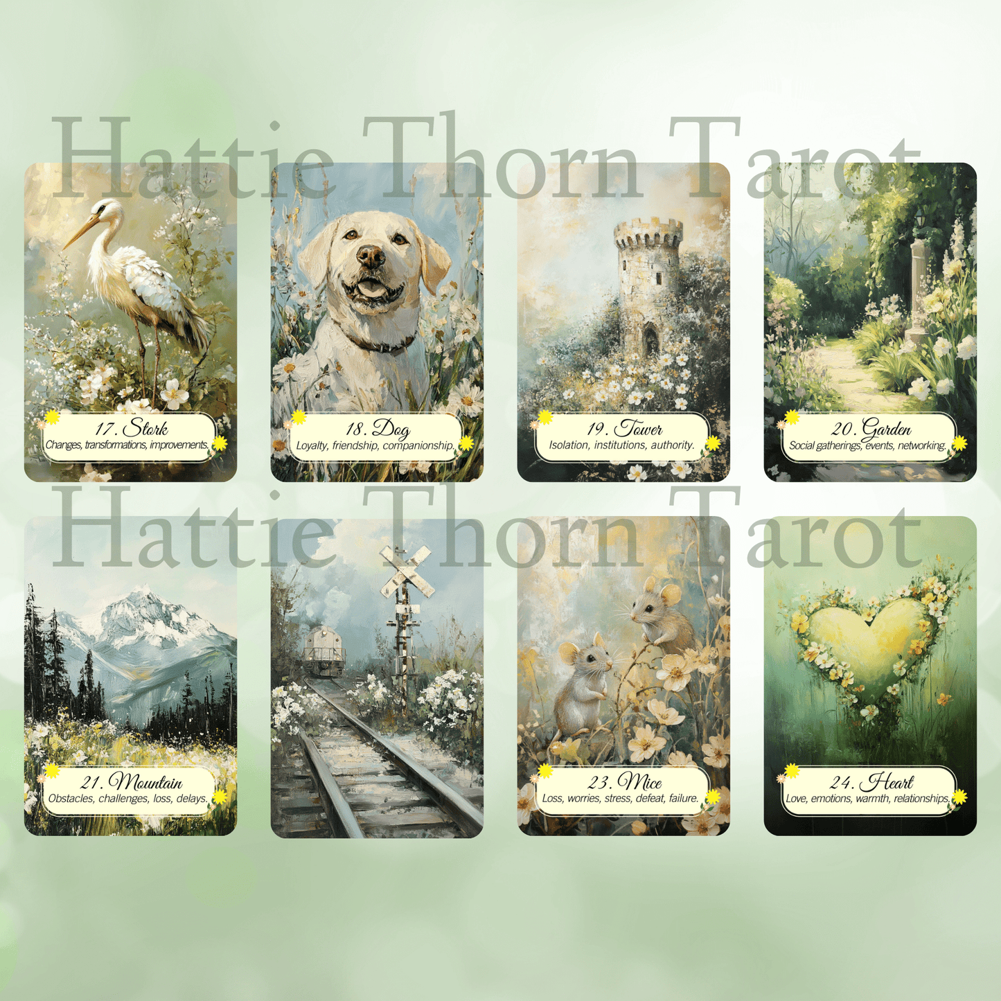 Four Seasons of Tarot – Lenormand Collection 🍃 A four - deck Lenormand set that follows the turning wheel of the year in painterly beauty - Hattie Thorn Tarot