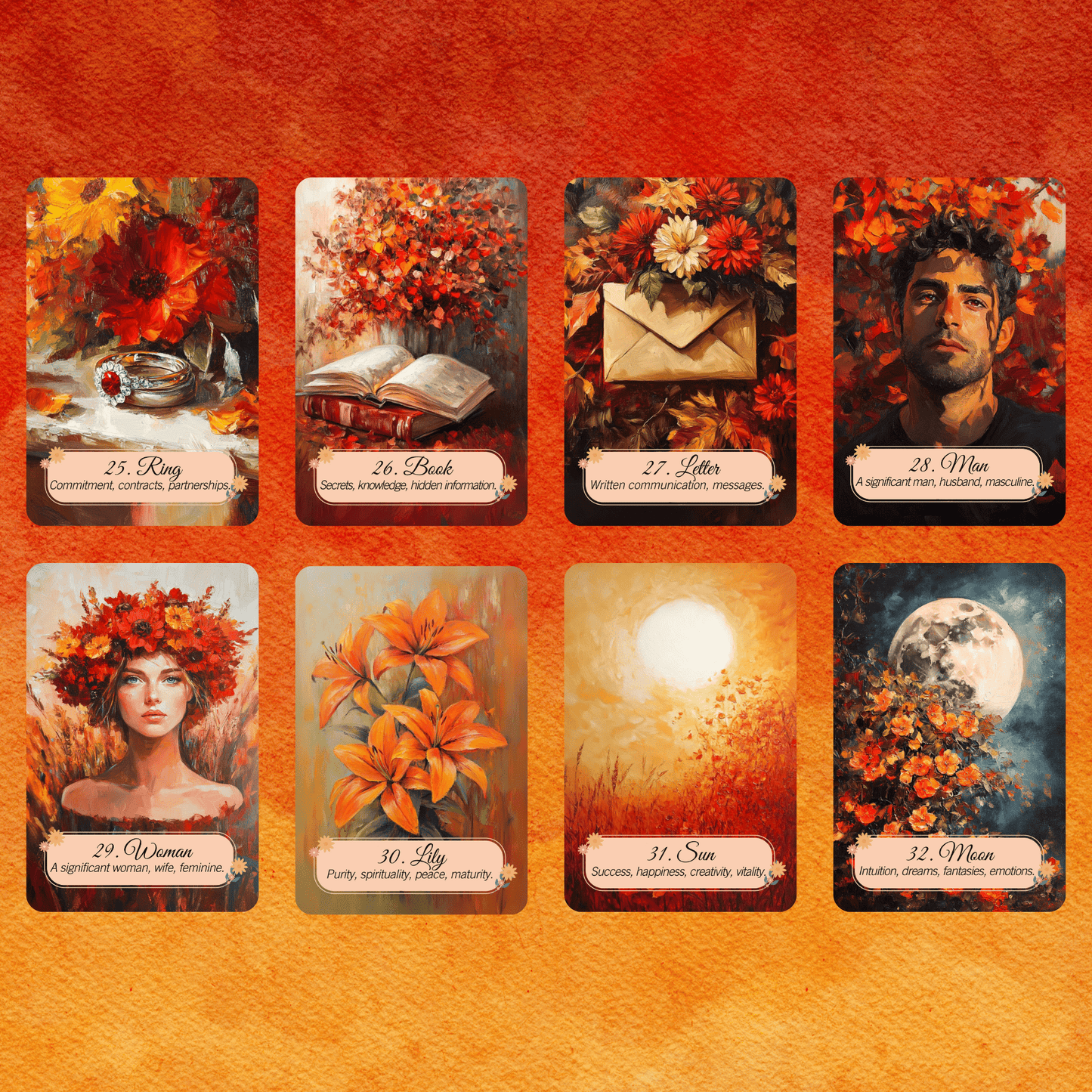 Four Seasons of Tarot – Lenormand Collection 🍃 A four - deck Lenormand set that follows the turning wheel of the year in painterly beauty - Hattie Thorn Tarot