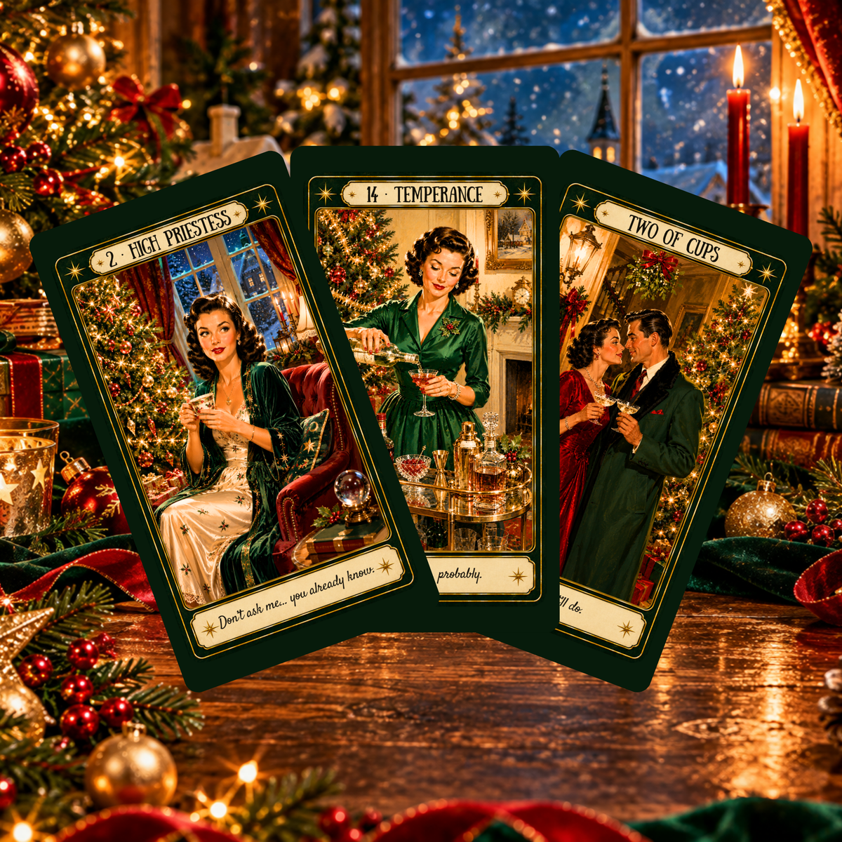 Merry & Bright... Mostly! Tarot 🎄 A 78-card vintage Christmas deck of festive wit, insight, and wonderfully honest guidance - Hattie Thorn Tarot