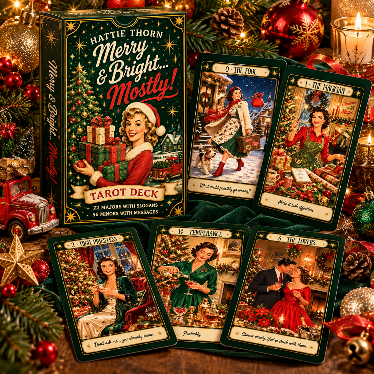 Merry & Bright... Mostly! Tarot 🎄 A 78-card vintage Christmas deck of festive wit, insight, and wonderfully honest guidance - Hattie Thorn Tarot
