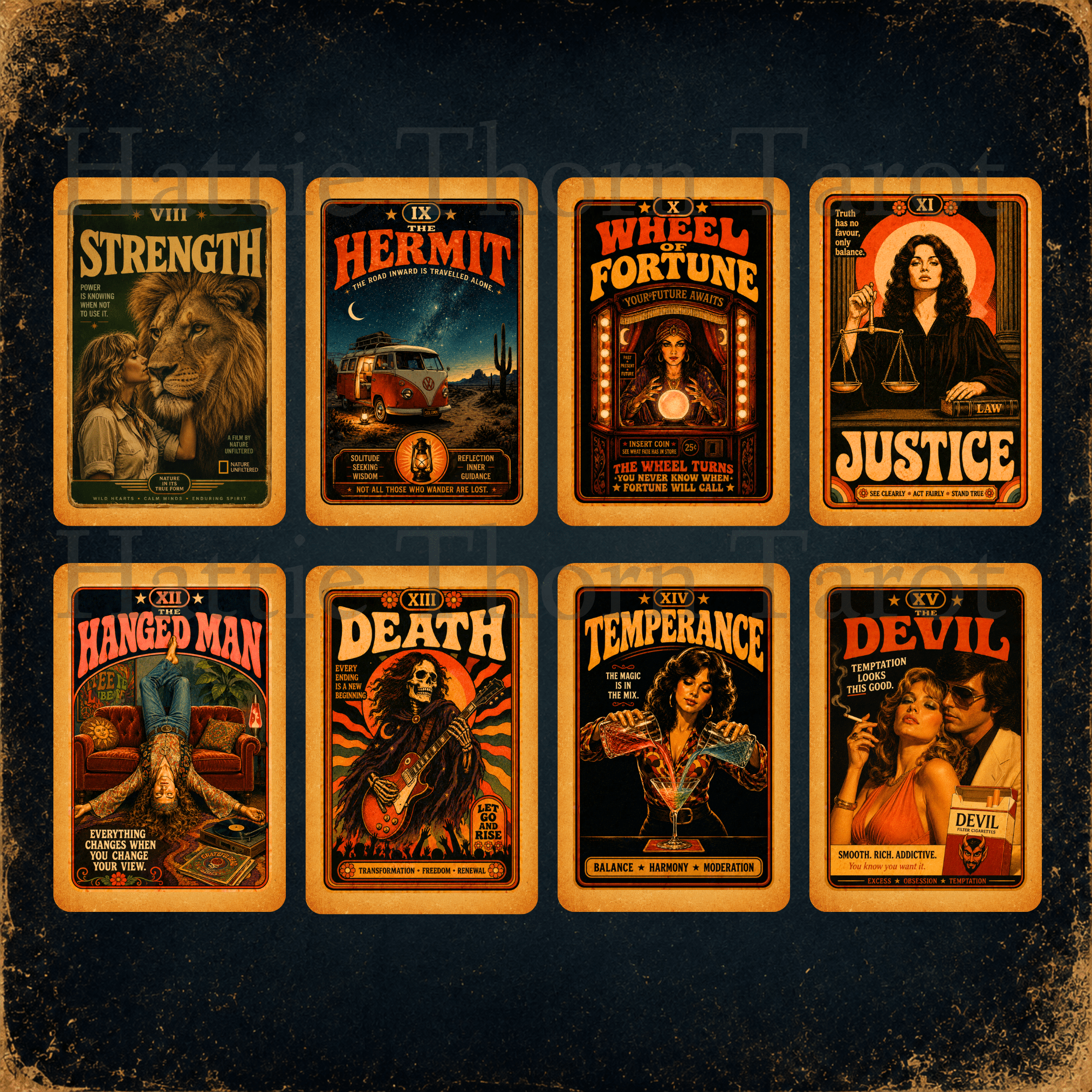 Midnight Press Tarot 🎙️ A vintage press-inspired tarot deck where newspapers, movie posters, magazines, and forgotten stories become the language of divination. - Hattie Thorn Tarot