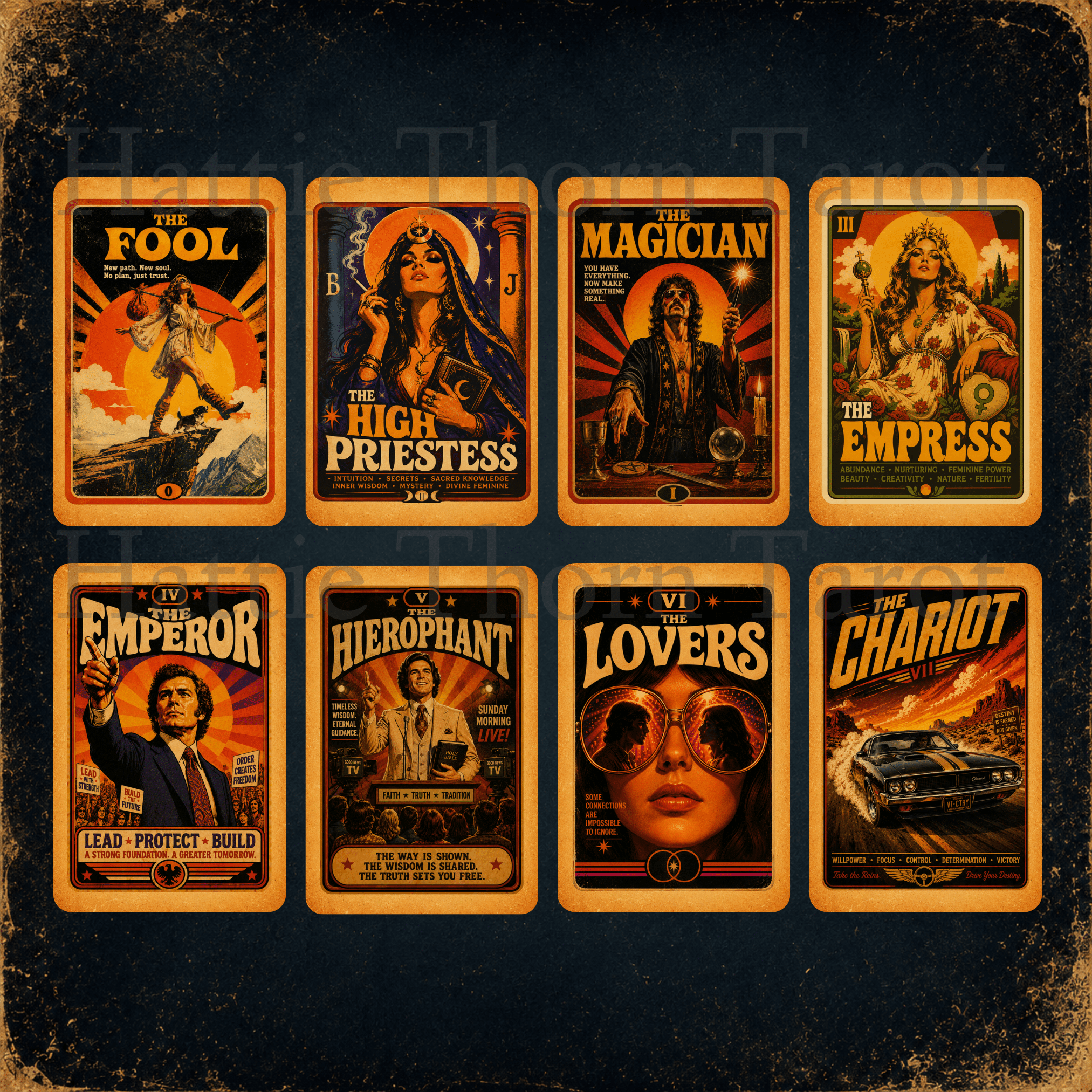 Midnight Press Tarot 🎙️ A vintage press-inspired tarot deck where newspapers, movie posters, magazines, and forgotten stories become the language of divination. - Hattie Thorn Tarot