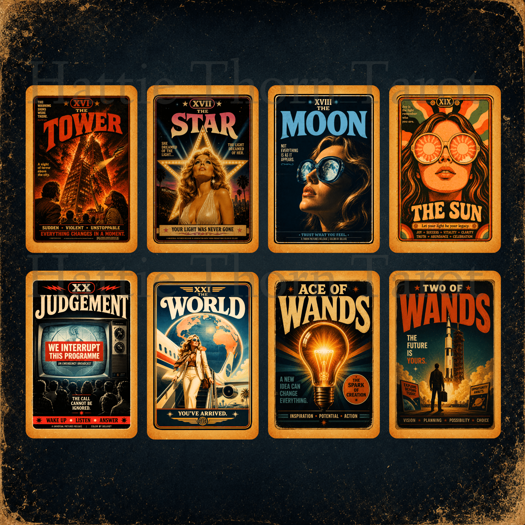 Midnight Press Tarot 🎙️ A vintage press-inspired tarot deck where newspapers, movie posters, magazines, and forgotten stories become the language of divination. - Hattie Thorn Tarot