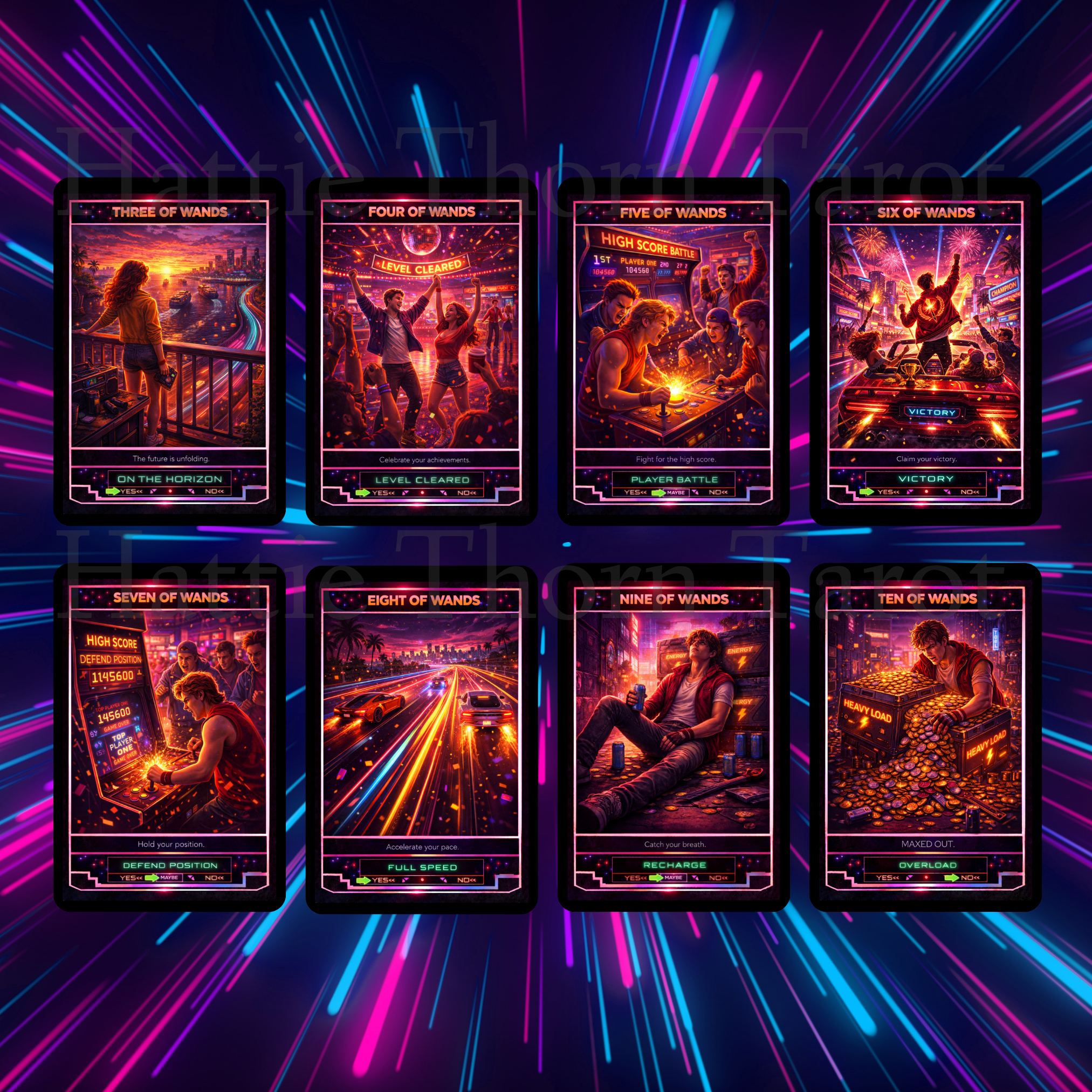 Neon Tarot ⚡ A retro - futuristic tarot deck pulsing with colour, intuition, and electric clarity - Hattie Thorn Tarot