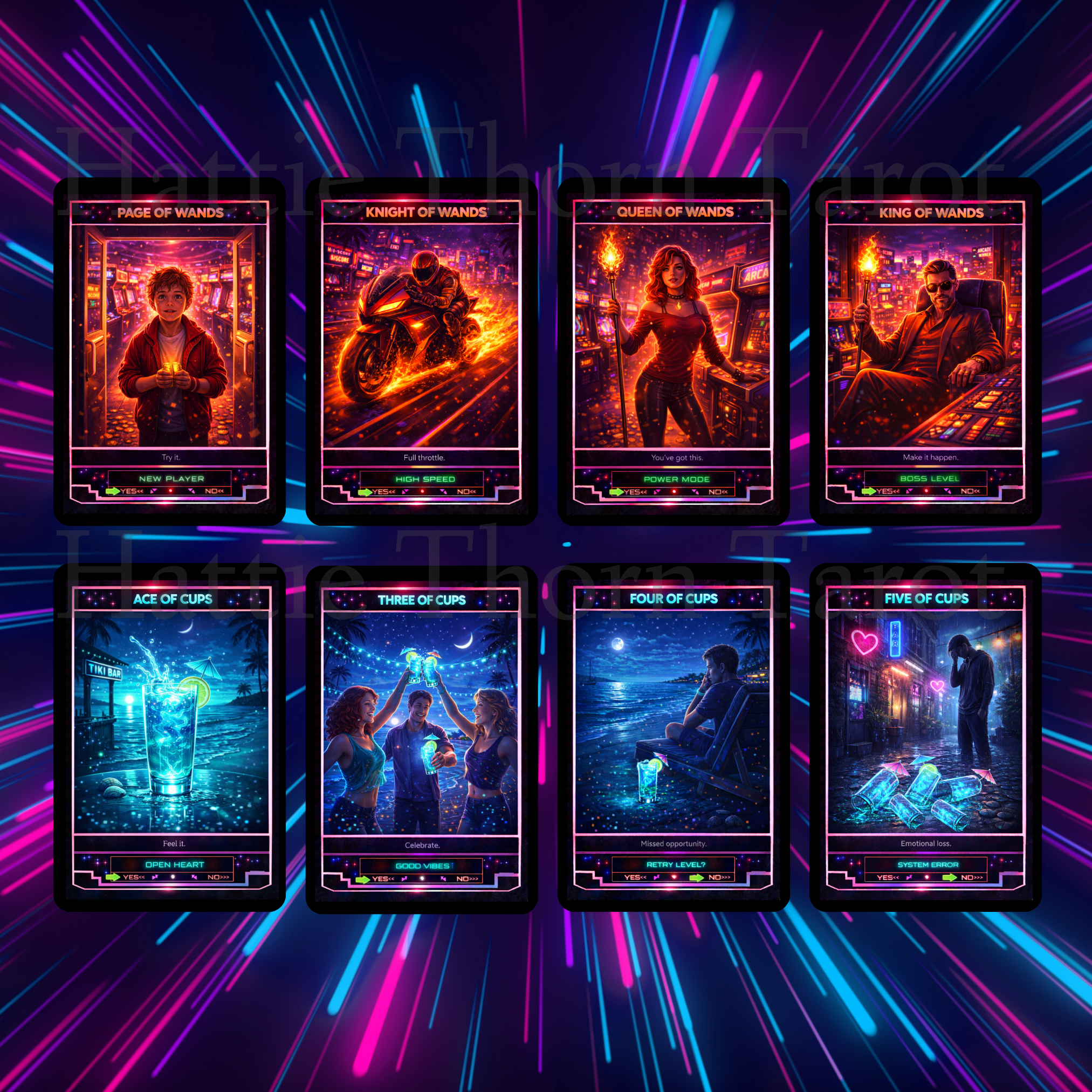 Neon Tarot ⚡ A retro - futuristic tarot deck pulsing with colour, intuition, and electric clarity - Hattie Thorn Tarot