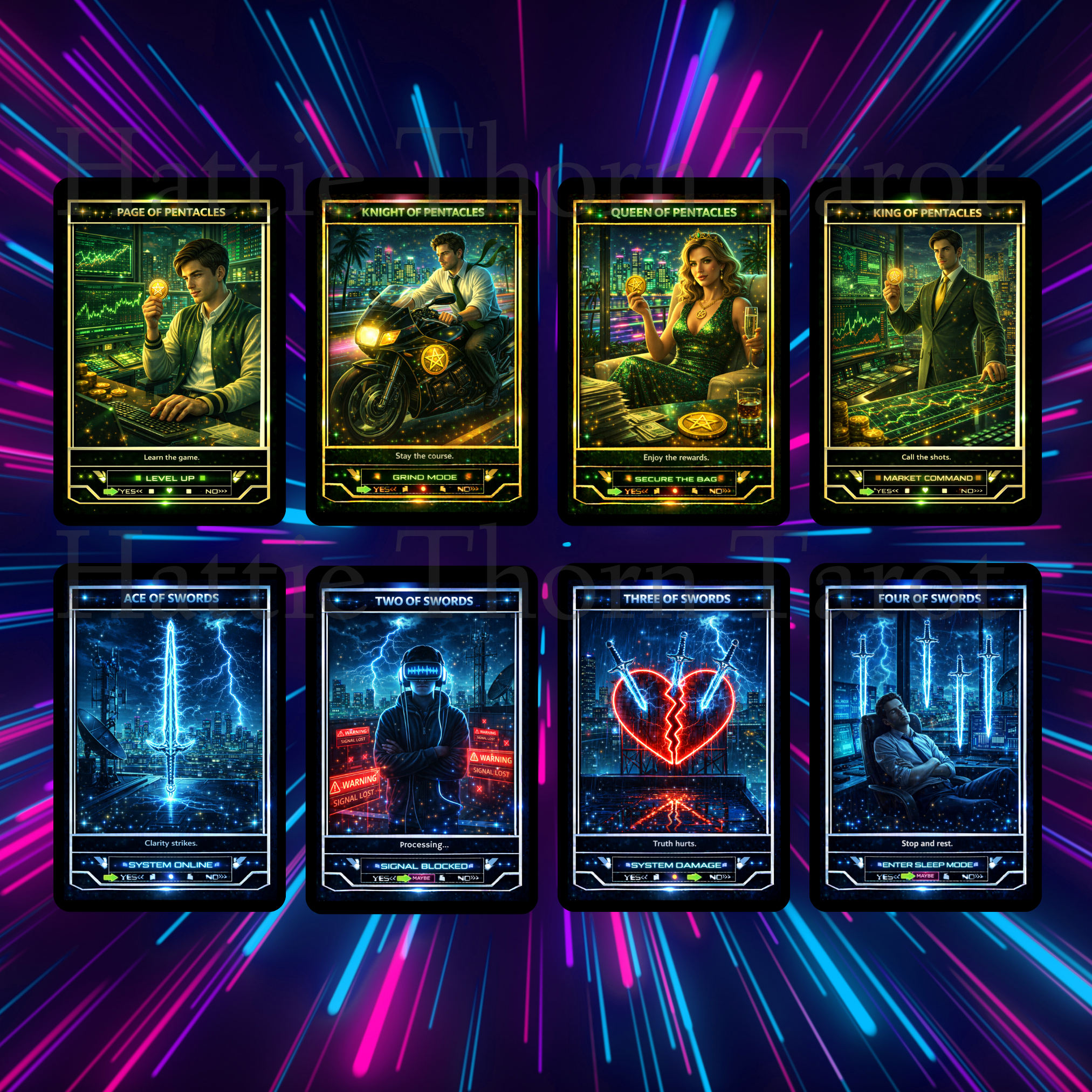 Neon Tarot ⚡ A retro - futuristic tarot deck pulsing with colour, intuition, and electric clarity - Hattie Thorn Tarot