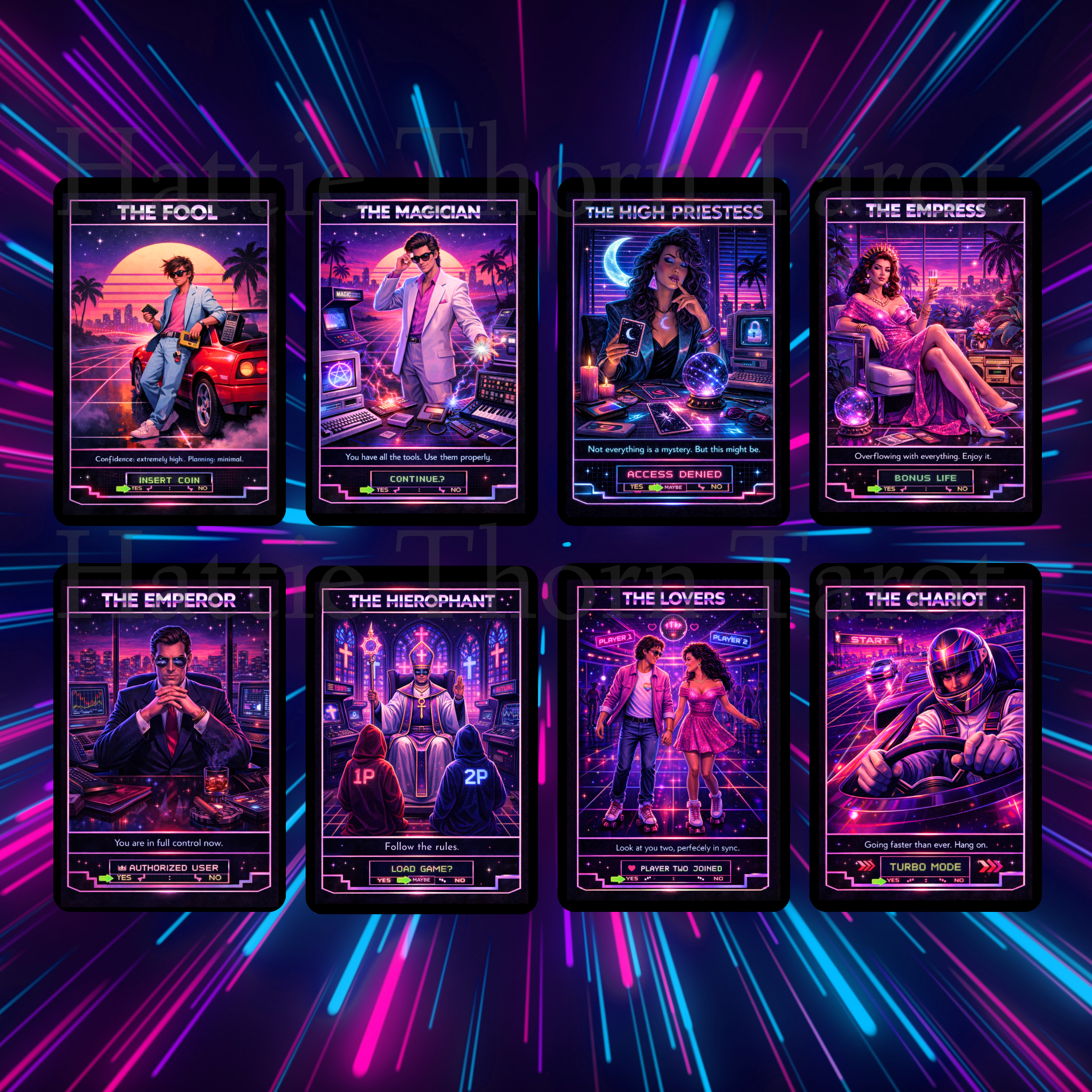 Neon Tarot ⚡ A retro - futuristic tarot deck pulsing with colour, intuition, and electric clarity - Hattie Thorn Tarot