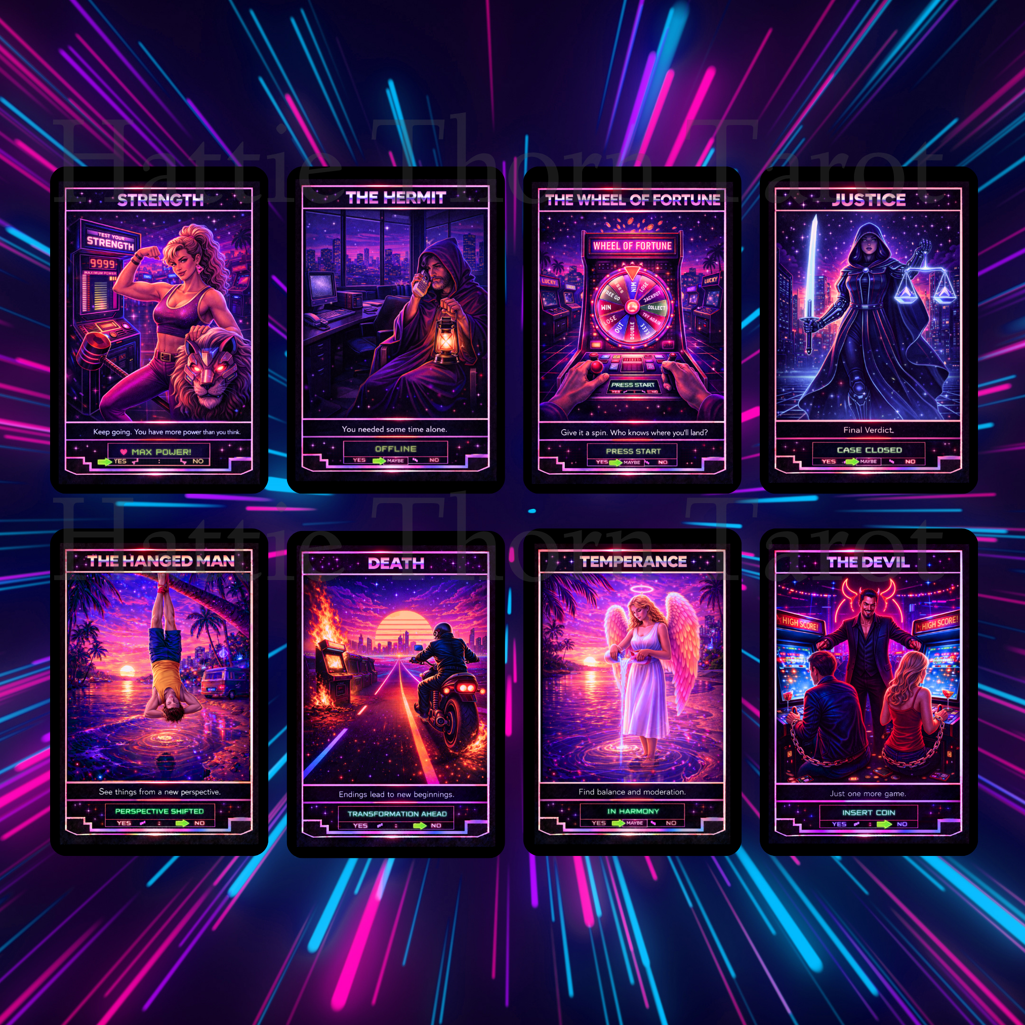 Neon Tarot ⚡ A retro - futuristic tarot deck pulsing with colour, intuition, and electric clarity - Hattie Thorn Tarot