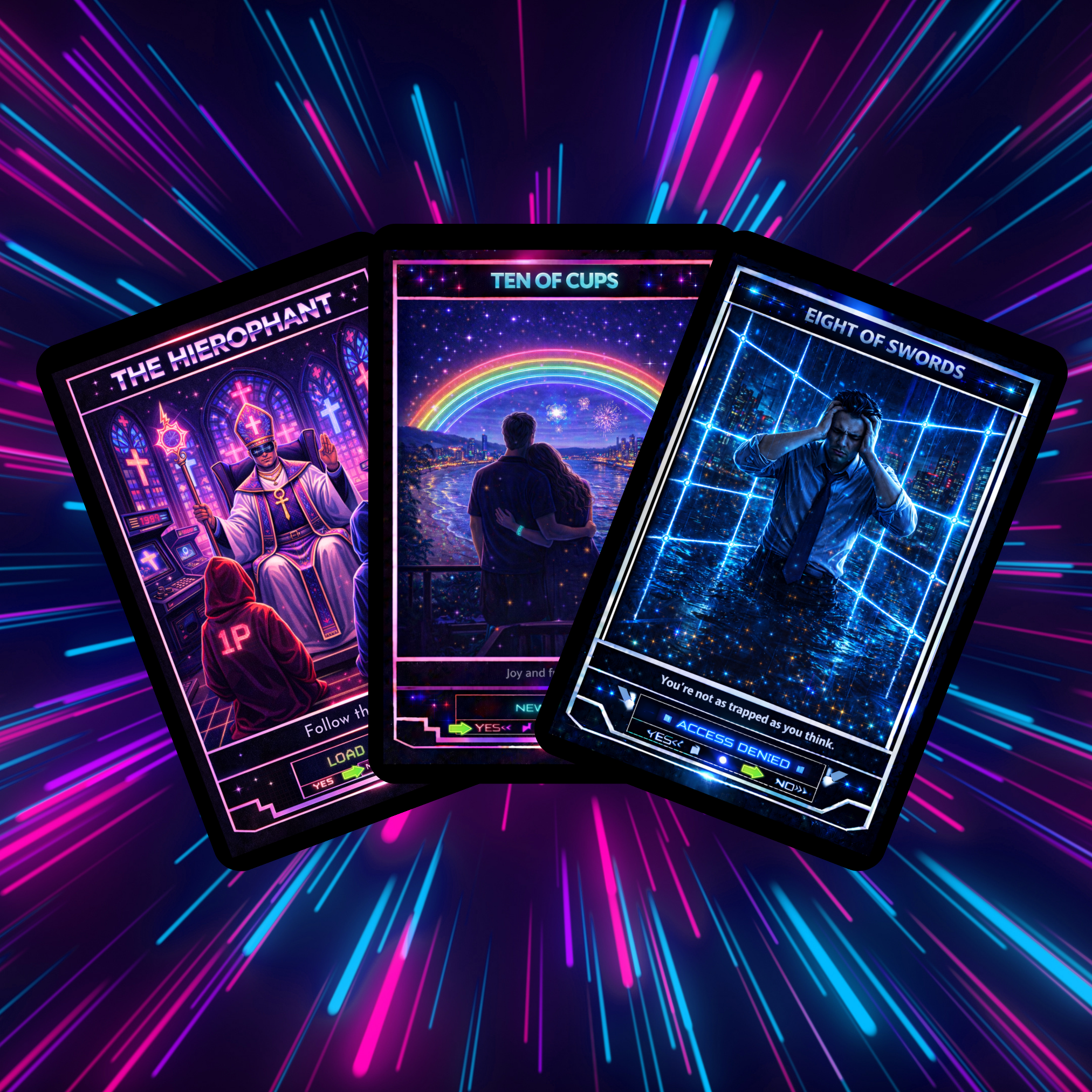 Neon Tarot ⚡ A retro - futuristic tarot deck pulsing with colour, intuition, and electric clarity - Hattie Thorn Tarot