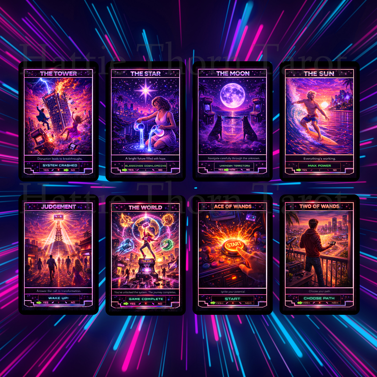 Neon Tarot ⚡ A retro-futuristic tarot deck pulsing with colour, intuit