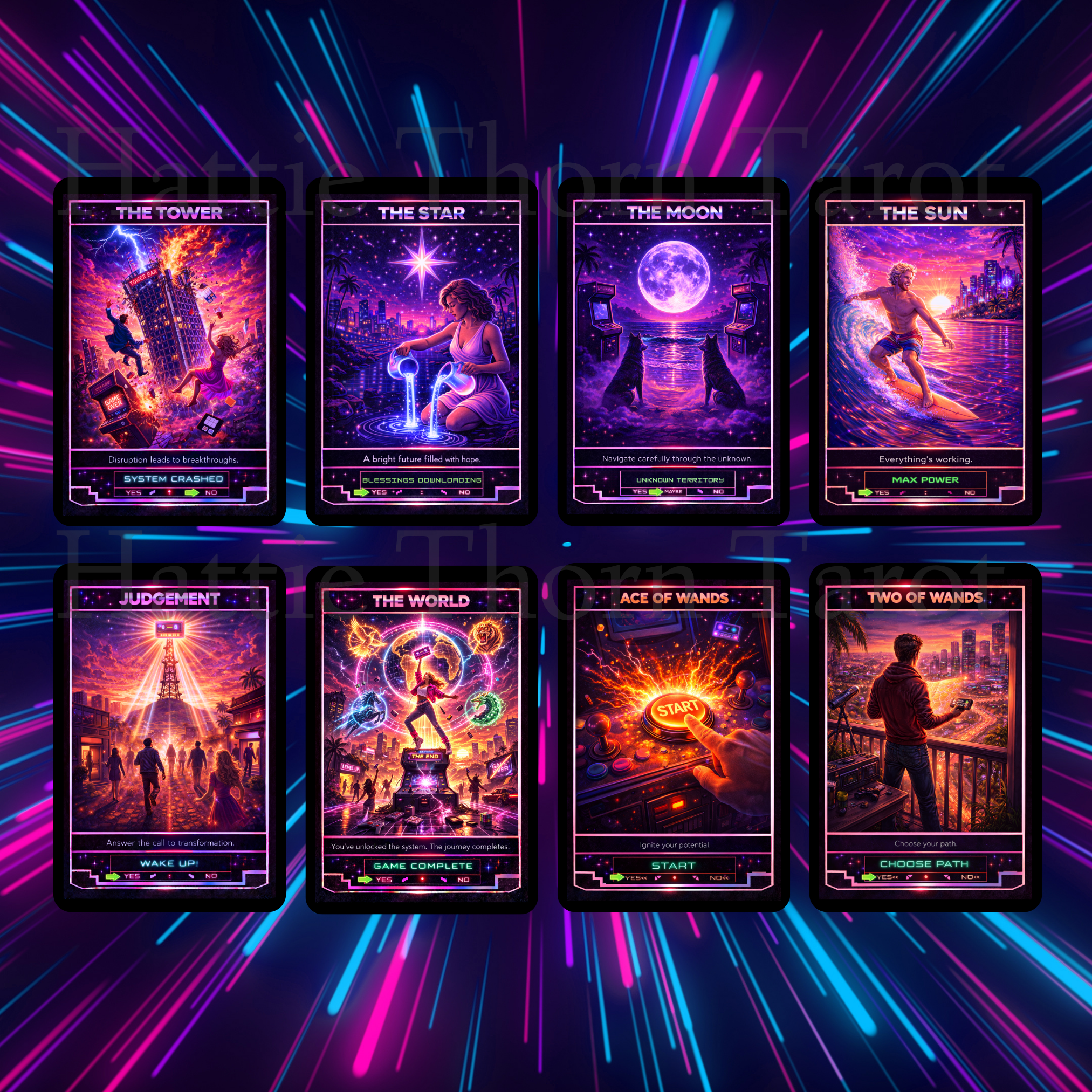 Neon Tarot ⚡ A retro - futuristic tarot deck pulsing with colour, intuition, and electric clarity - Hattie Thorn Tarot