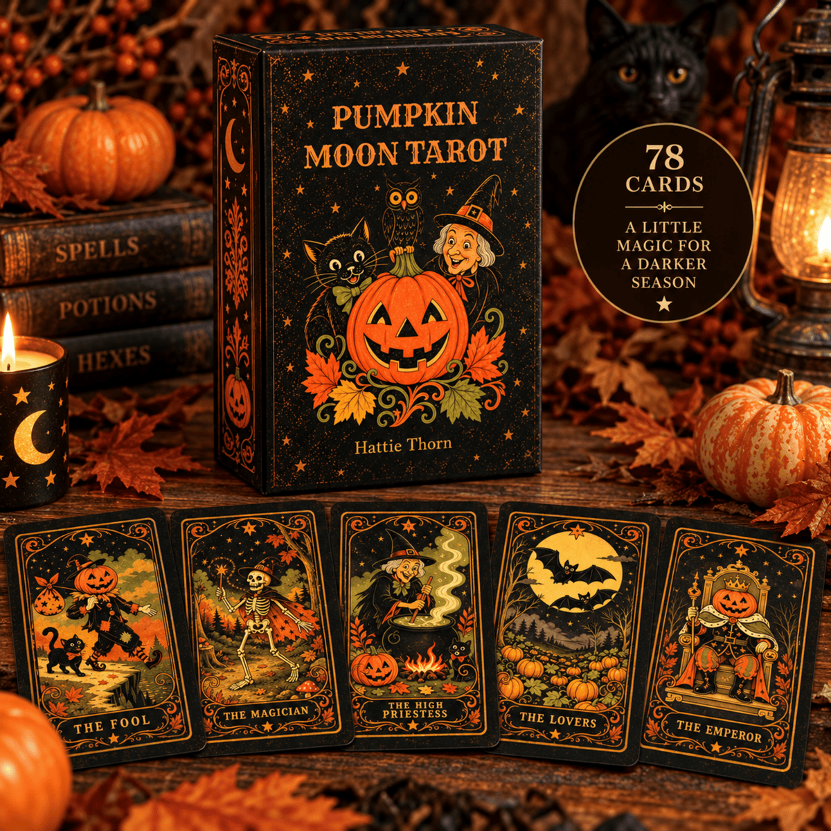 Pumpkin Moon Tarot 🎃 A 78-card Halloween haunt of grinning pumpkins, midnight witches, and moonlit magic - Hattie Thorn Tarot