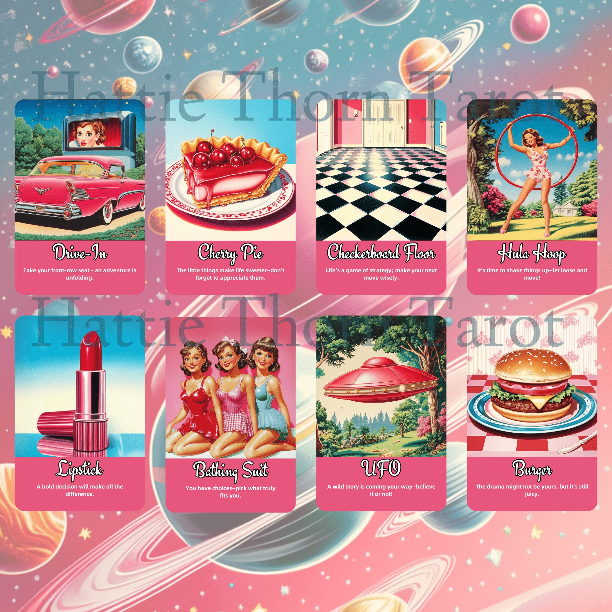 Sarsaparilla Tarot & Oracle Bundle 🧃 A retro - futuristic 2 - deck bundle of mystic fizz, pink vibes, and cosmic curiosity - Hattie Thorn Tarot