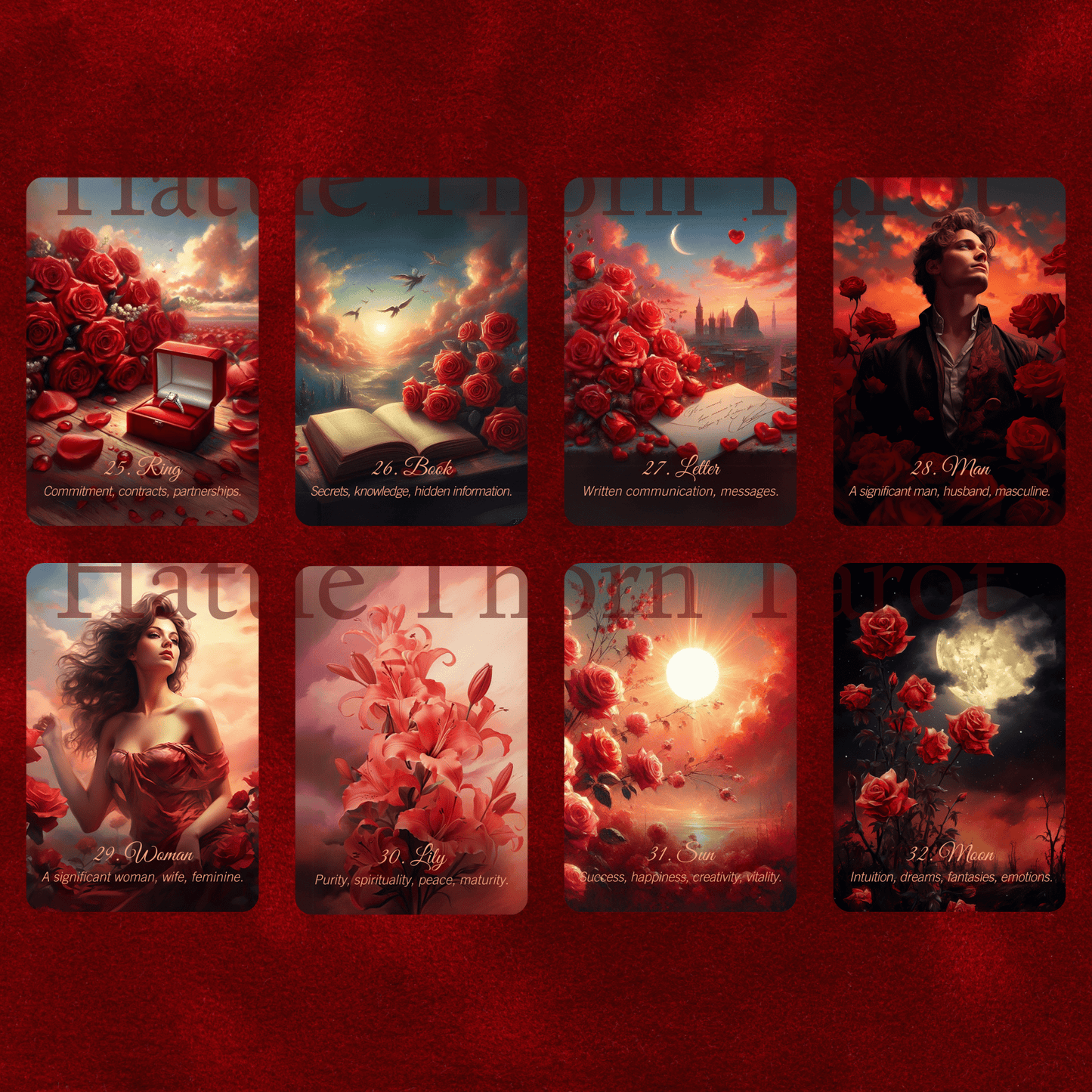 Scarlet Rose Lenormand 🌹 A 45 - card extended Lenormand deck with romantic messages on every card - Hattie Thorn Tarot