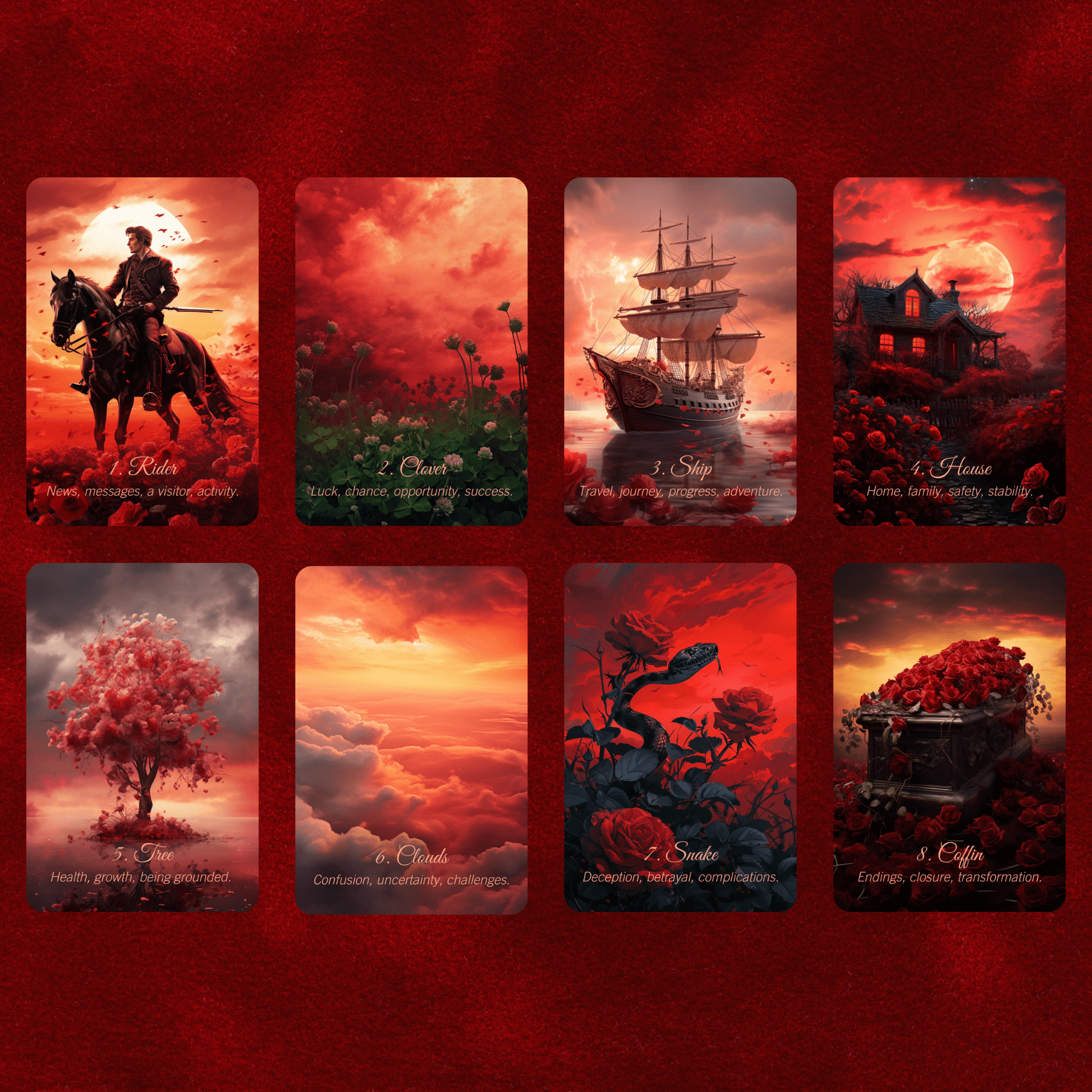 Scarlet Rose Lenormand 🌹 A 45 - card extended Lenormand deck with romantic messages on every card - Hattie Thorn Tarot