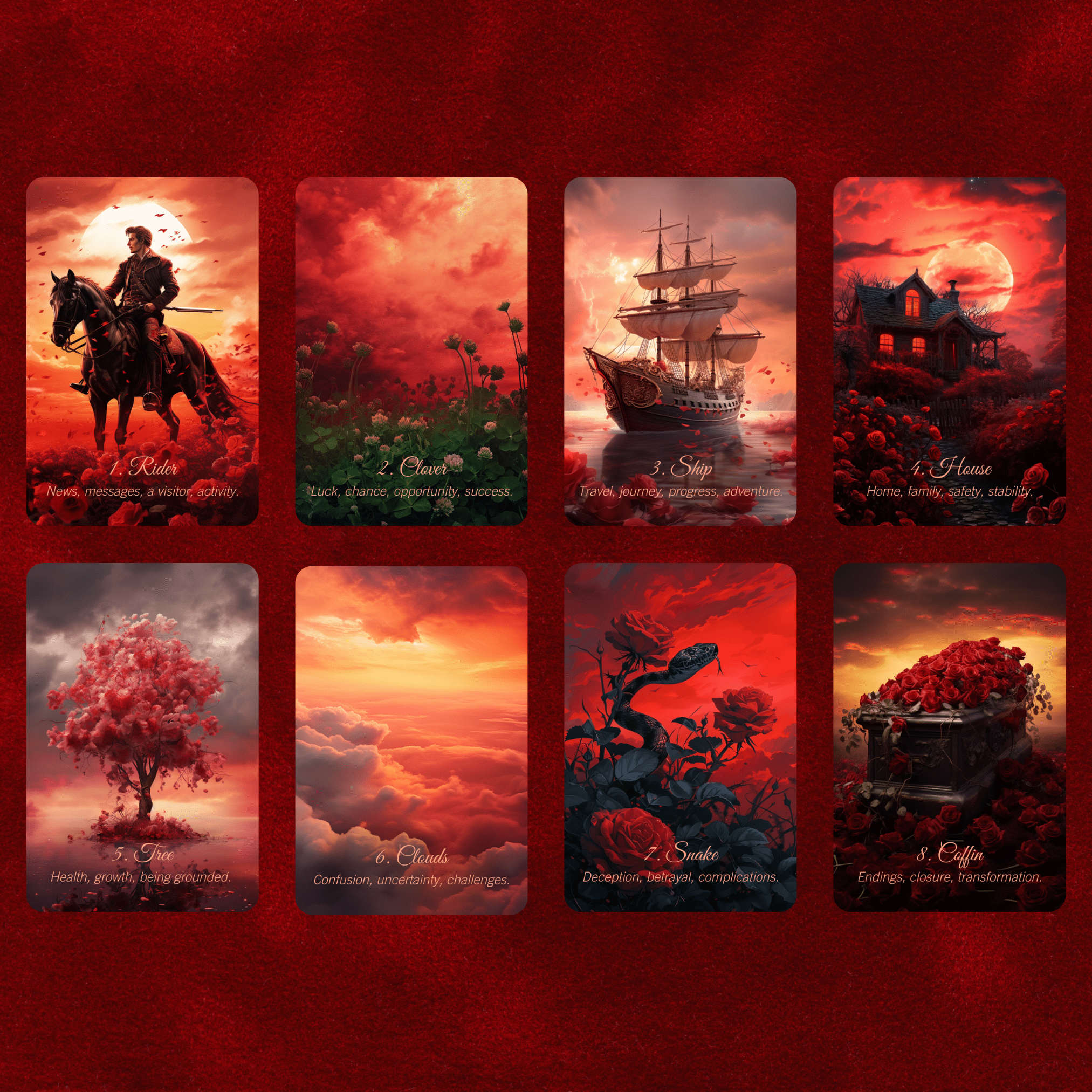 Scarlet Rose Lenormand 🌹 A 45 - card extended Lenormand deck with romantic messages on every card - Hattie Thorn Tarot