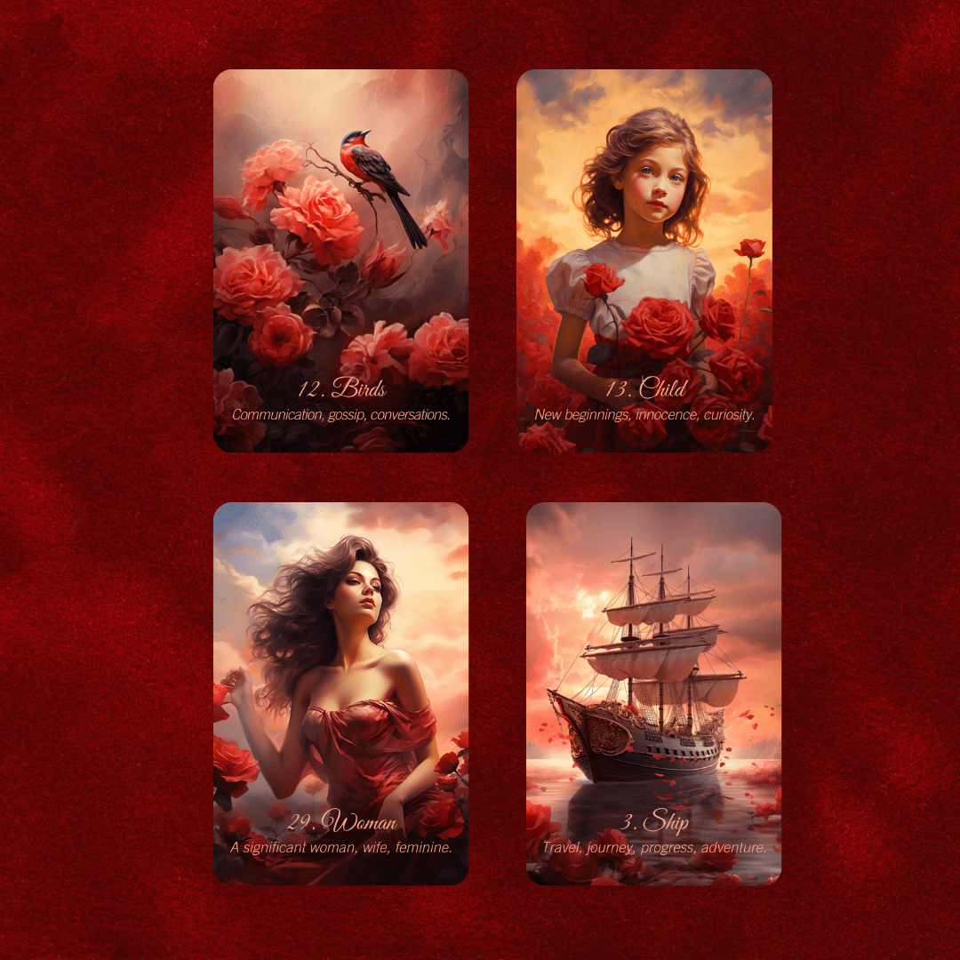 Scarlet Rose Lenormand 🌹 A 45 - card extended Lenormand deck with romantic messages on every card - Hattie Thorn Tarot