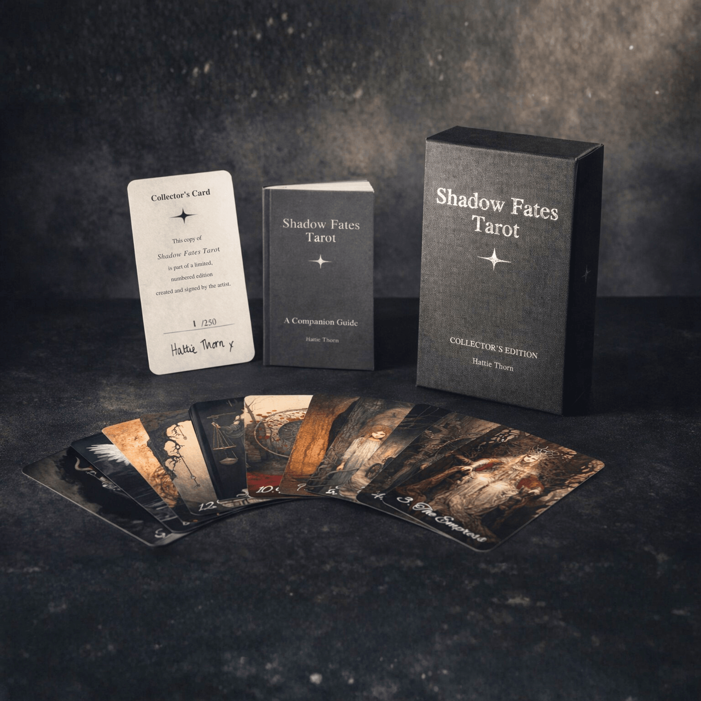 Shadow Fates Tarot 🌑 A limited Collector’s Edition tarot deck featuring exclusive borderless artwork, a foiled rigid box, and a signed numbered card. - Hattie Thorn Tarot