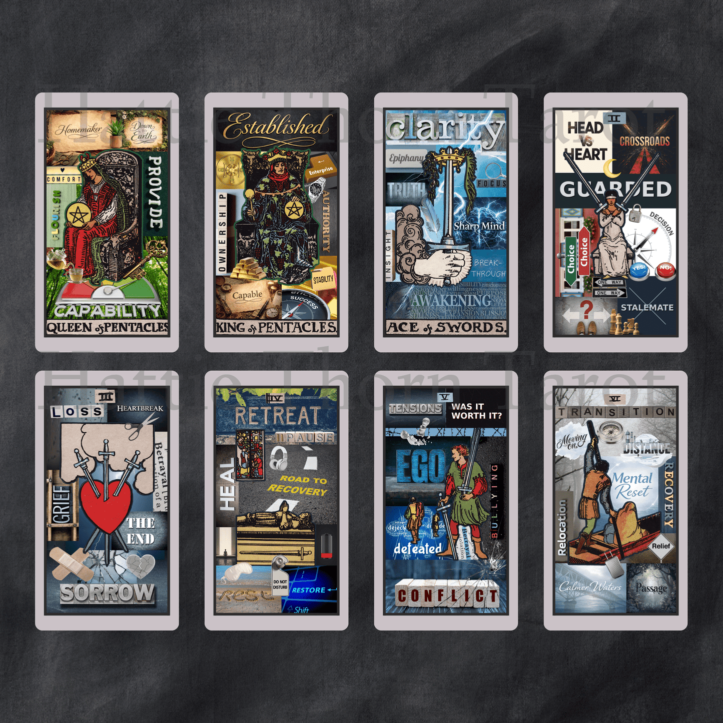 Straight Talking Tarot 🔥 ♦ A bold collage tarot that tells the truth, whether you asked nicely or not. - Hattie Thorn Tarot