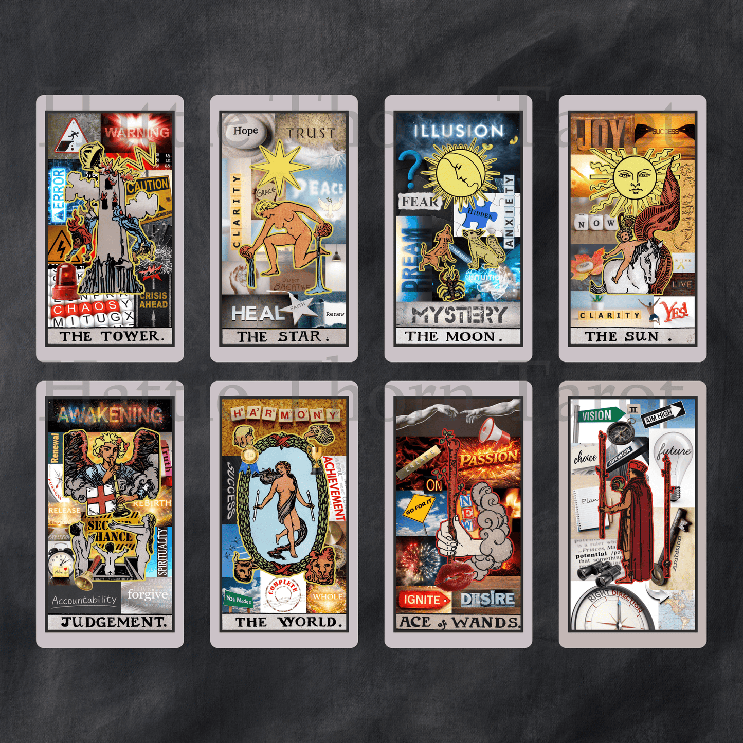 Straight Talking Tarot 🔥 ♦ A bold collage tarot that tells the truth, whether you asked nicely or not. - Hattie Thorn Tarot