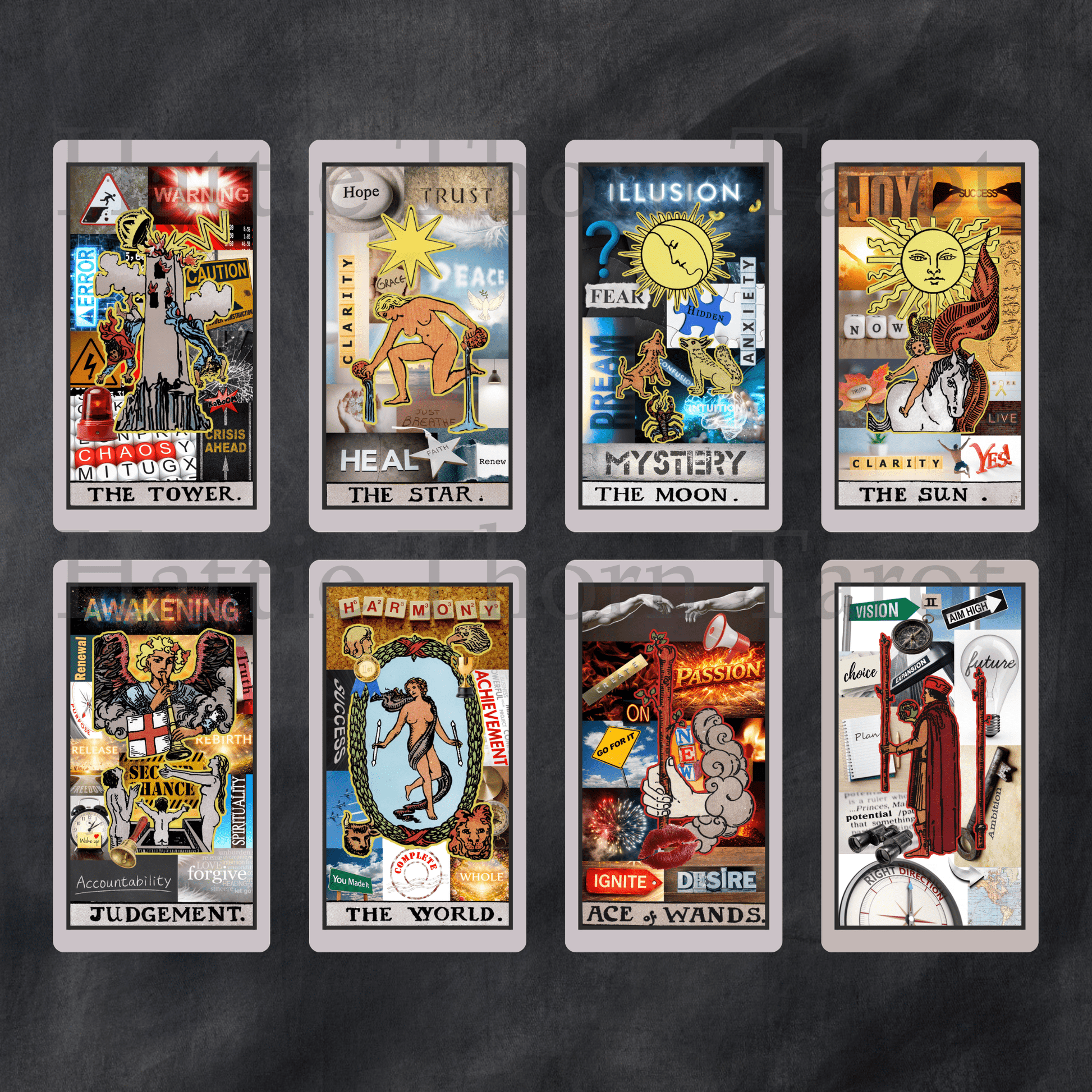 Straight Talking Tarot 🔥 ♦ A bold collage tarot that tells the truth, whether you asked nicely or not. - Hattie Thorn Tarot