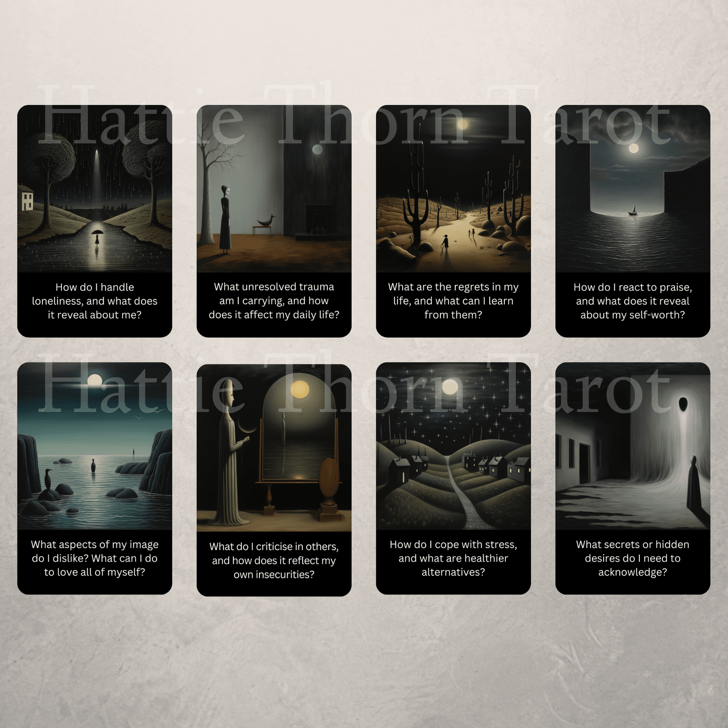 The Dark Mirror Shadow Work Cards 🪞 Not all truths live in the light. This deck dares you to look within. - Hattie Thorn Tarot