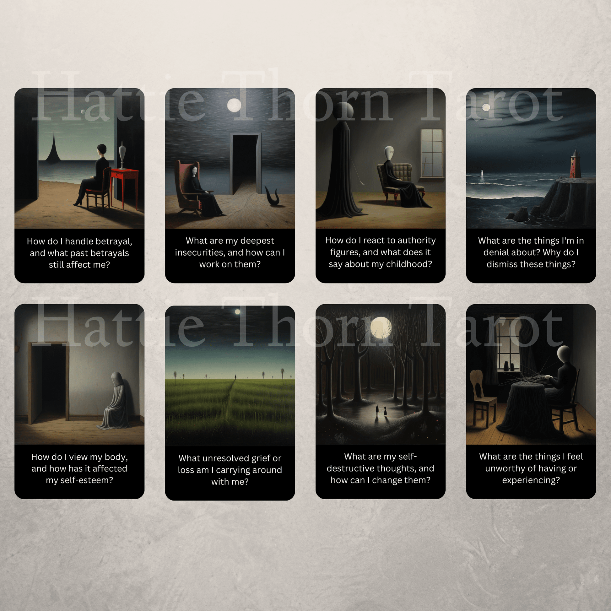 The Dark Mirror Shadow Work Cards 🪞 Not all truths live in the light. This deck dares you to look within. - Hattie Thorn Tarot