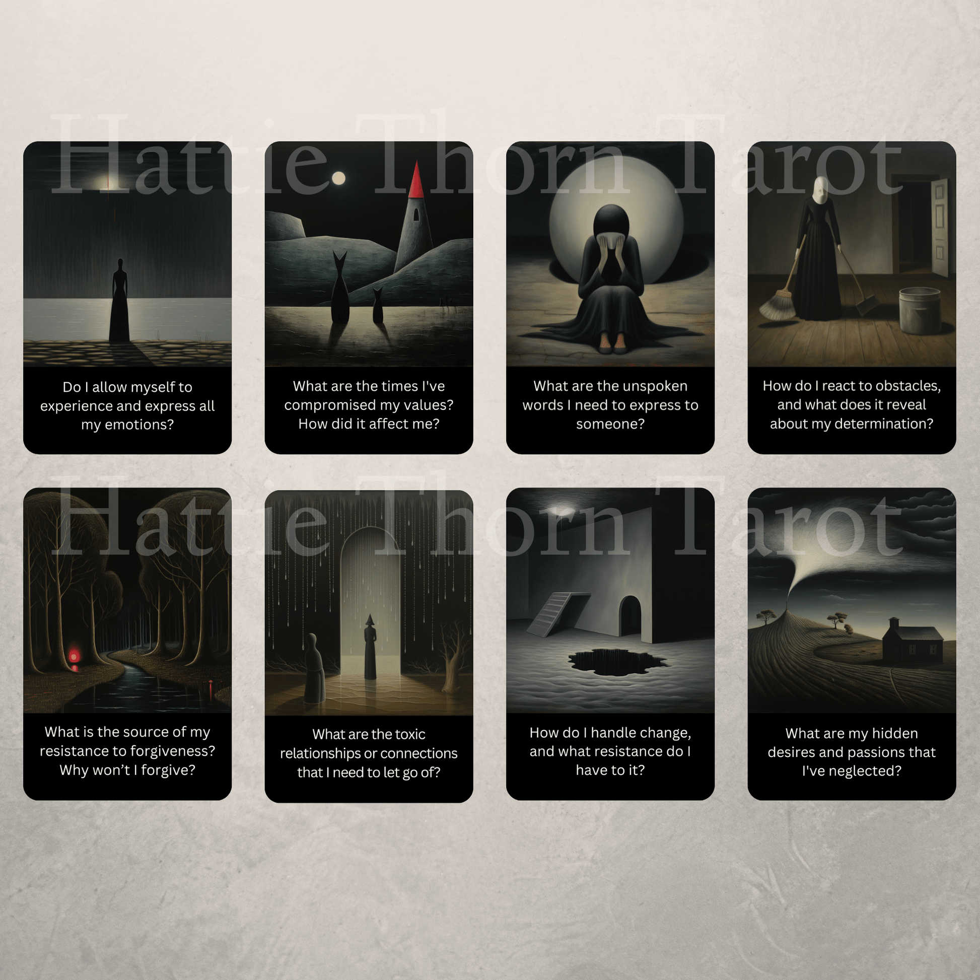 The Dark Mirror Shadow Work Cards 🪞 Not all truths live in the light. This deck dares you to look within. - Hattie Thorn Tarot