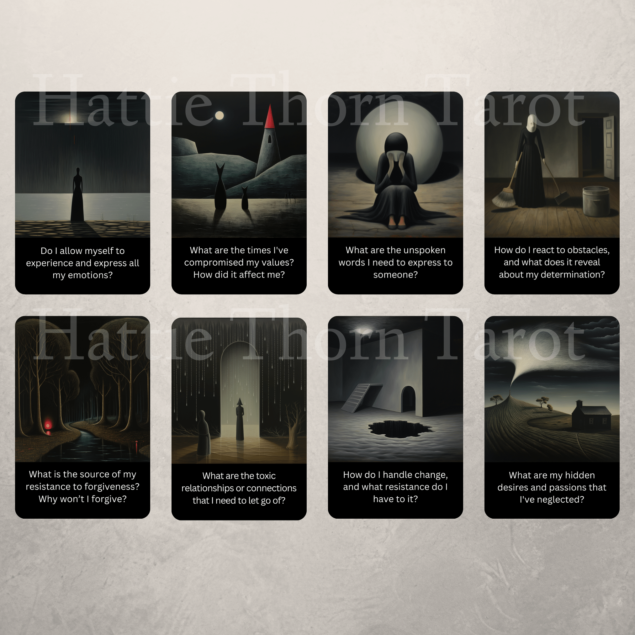 The Dark Mirror Shadow Work Cards 🪞 Not all truths live in the light. This deck dares you to look within. - Hattie Thorn Tarot