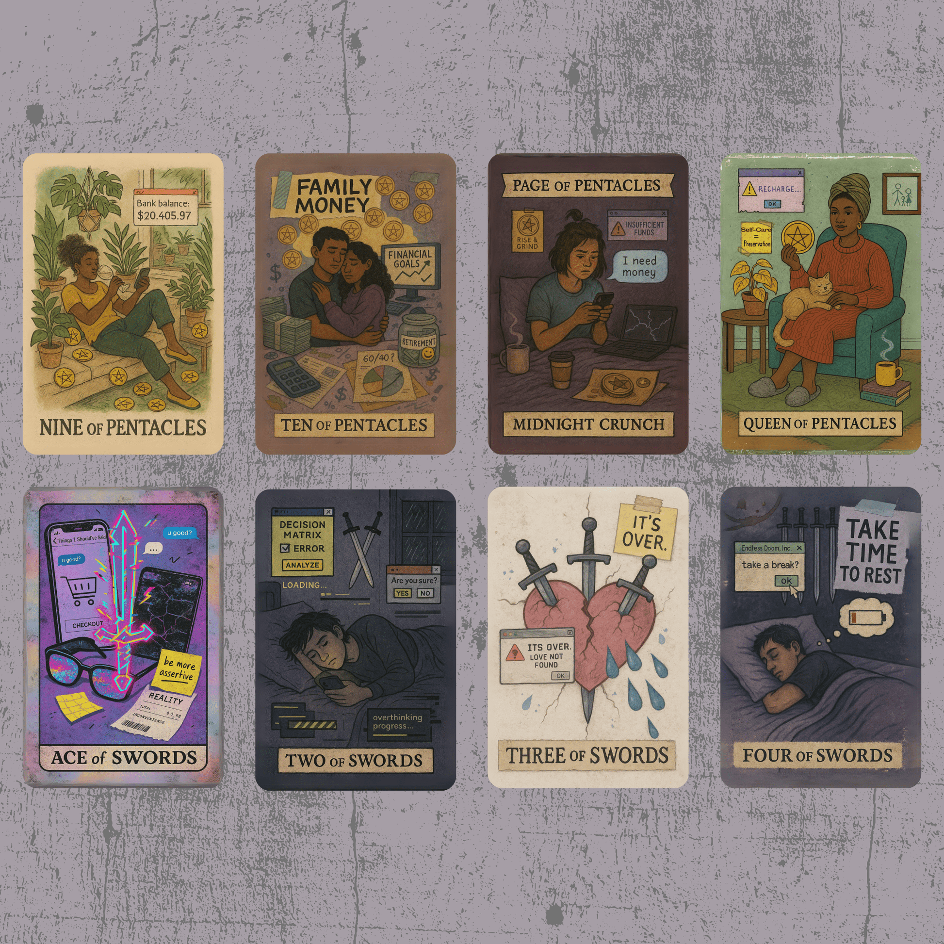 The Everyday Apocalypse Tarot 🔥 no fluff, no filters, just clarity served with a side of emotional whiplash, cracked screens, and burnt toast. - Hattie Thorn Tarot