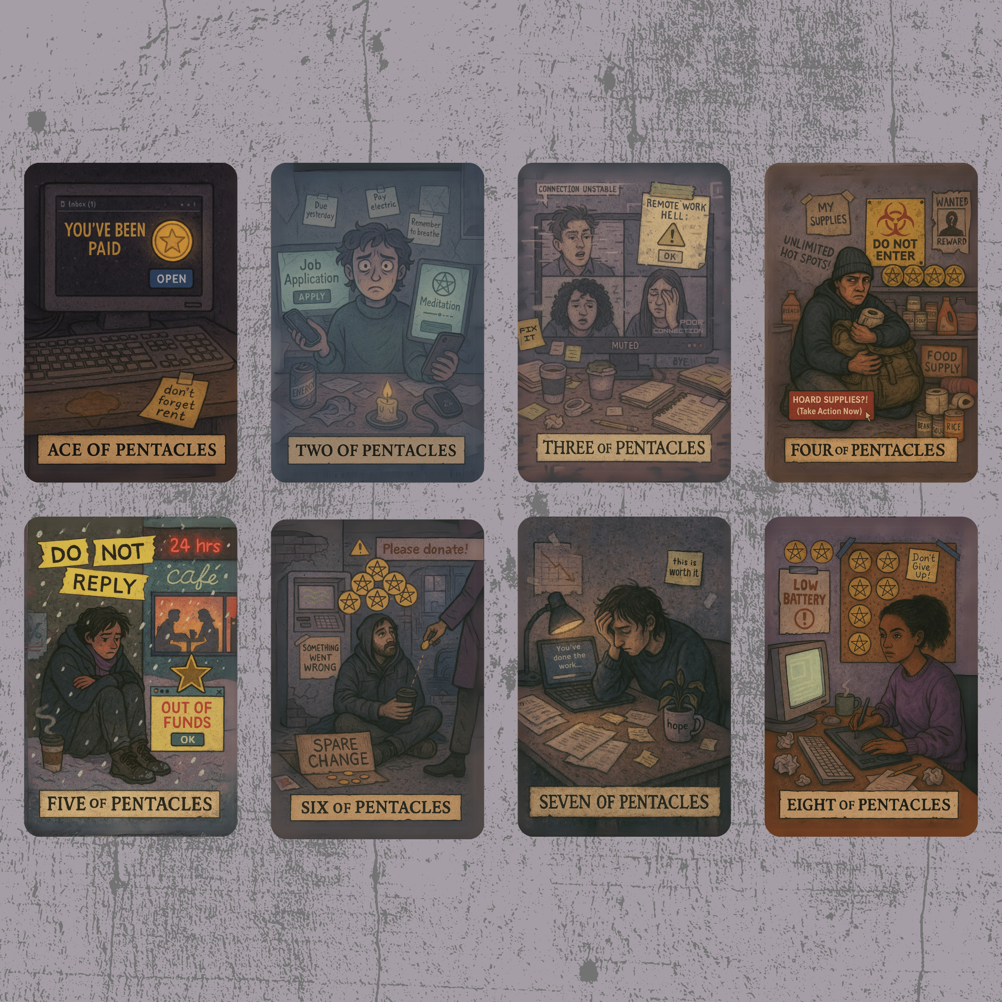 The Everyday Apocalypse Tarot 🔥 no fluff, no filters, just clarity served with a side of emotional whiplash, cracked screens, and burnt toast. - Hattie Thorn Tarot
