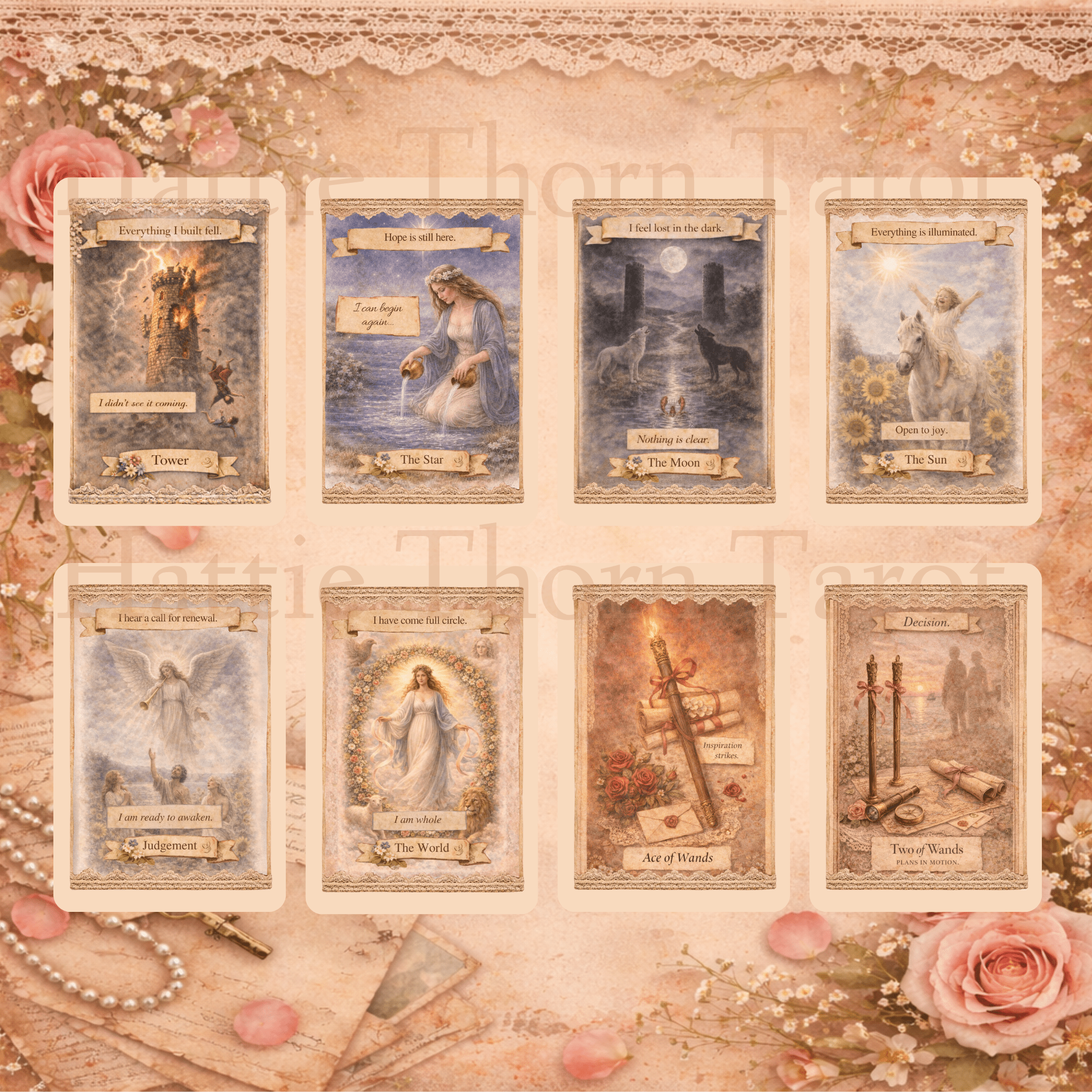 The Keepsake Tarot 🕯️ A vintage scrapbook tarot deck where memories, whispers, and hidden truths unfold through lace and parchment - Hattie Thorn Tarot