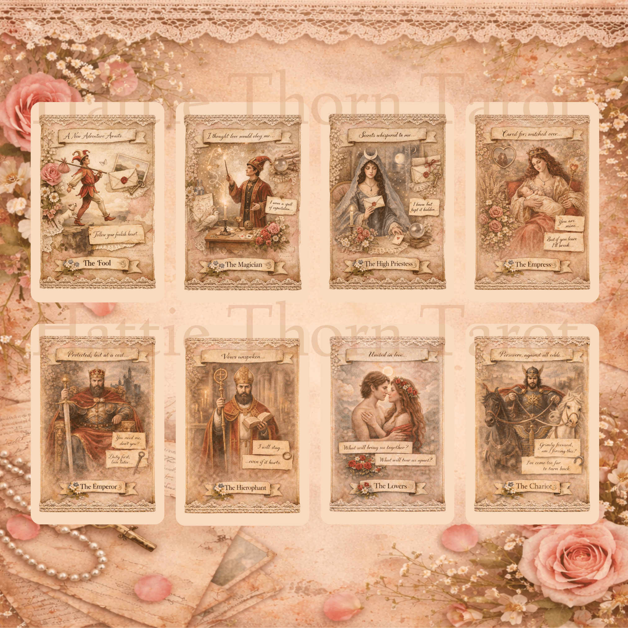 The Keepsake Tarot 🕯️ A vintage scrapbook tarot deck where memories, whispers, and hidden truths unfold through lace and parchment - Hattie Thorn Tarot