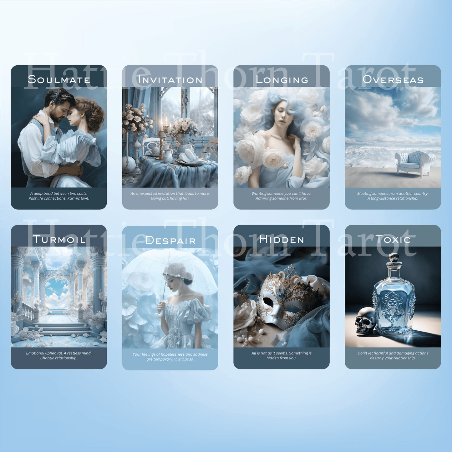 True Blue Romance and Love Oracle 💙 A dreamy 50 - card oracle exploring love, connection, and blue - tinted longing - Hattie Thorn Tarot