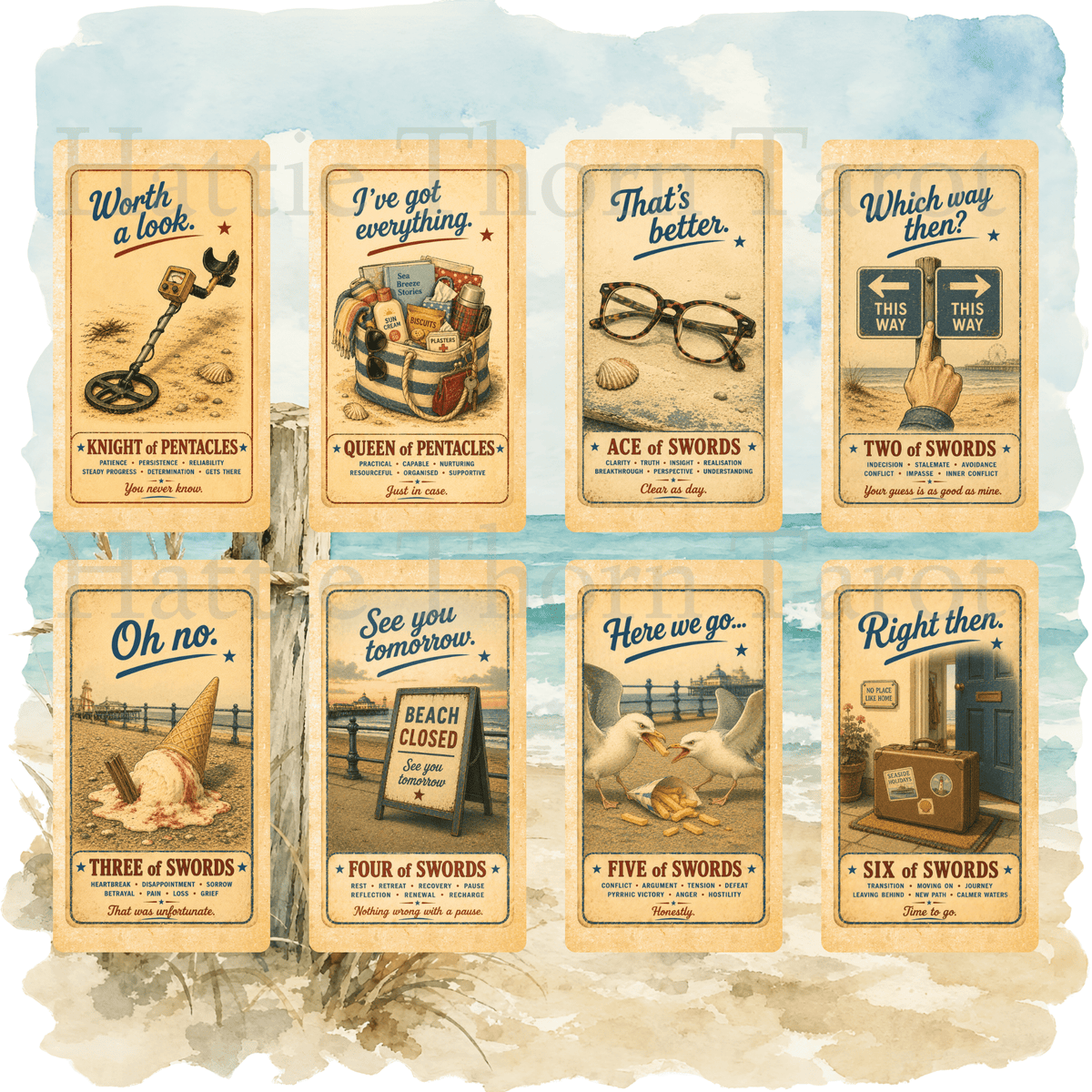 Wish You Were Here? 🇬🇧 A charming British seaside tarot deck where deckchairs, donkeys, ice creams and old postcards bring the tarot to life. - Hattie Thorn Tarot