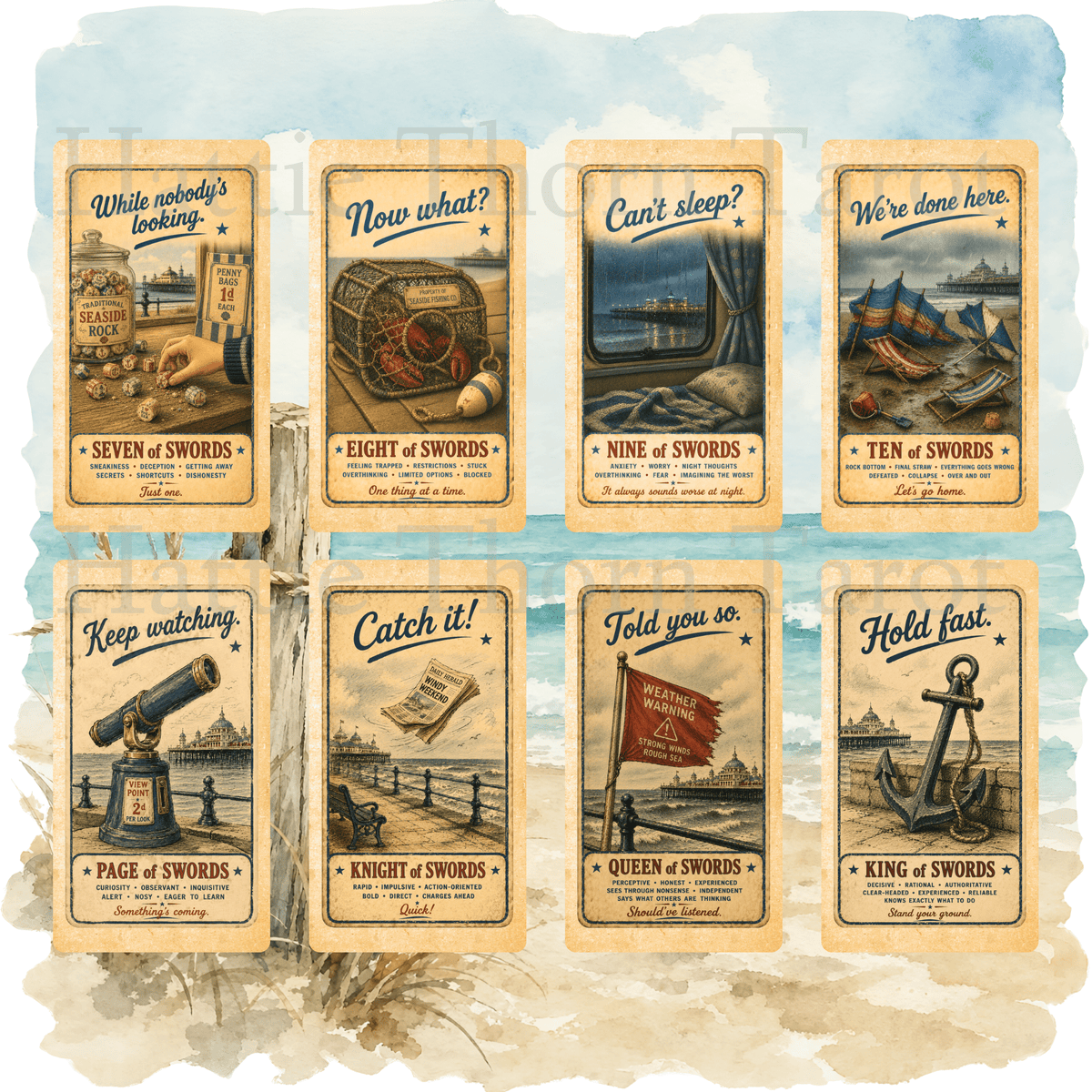 Wish You Were Here? 🇬🇧 A charming British seaside tarot deck where deckchairs, donkeys, ice creams and old postcards bring the tarot to life. - Hattie Thorn Tarot