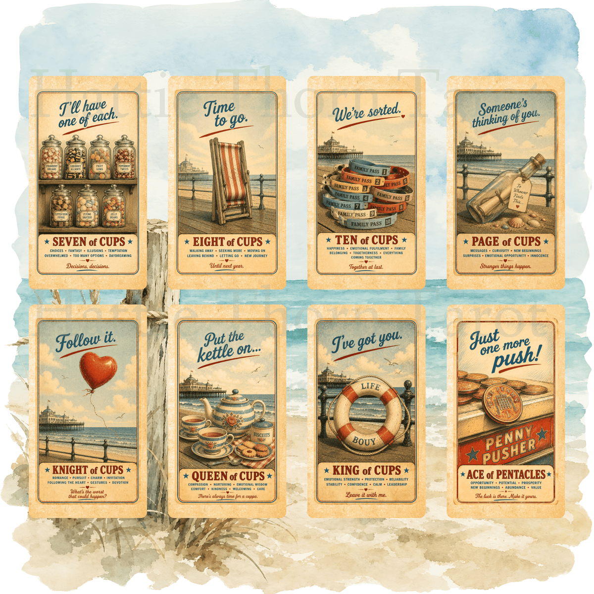 Wish You Were Here? 🇬🇧 A charming British seaside tarot deck where deckchairs, donkeys, ice creams and old postcards bring the tarot to life. - Hattie Thorn Tarot