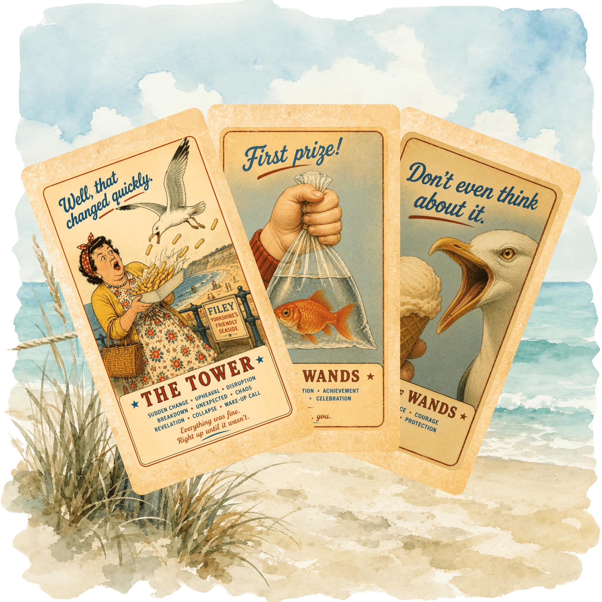 Wish You Were Here? 🇬🇧 A charming British seaside tarot deck where deckchairs, donkeys, ice creams and old postcards bring the tarot to life. - Hattie Thorn Tarot