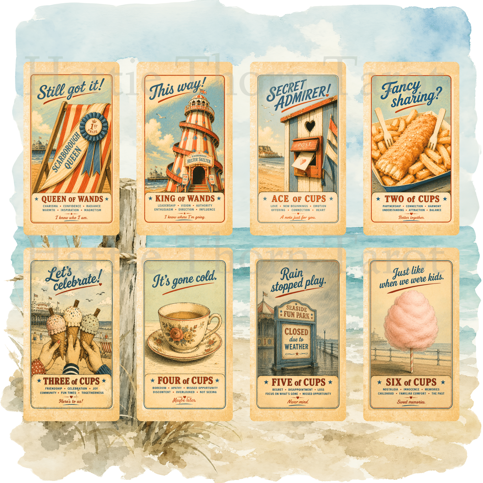 Wish You Were Here? 🇬🇧 A charming British seaside tarot deck where deckchairs, donkeys, ice creams and old postcards bring the tarot to life. - Hattie Thorn Tarot