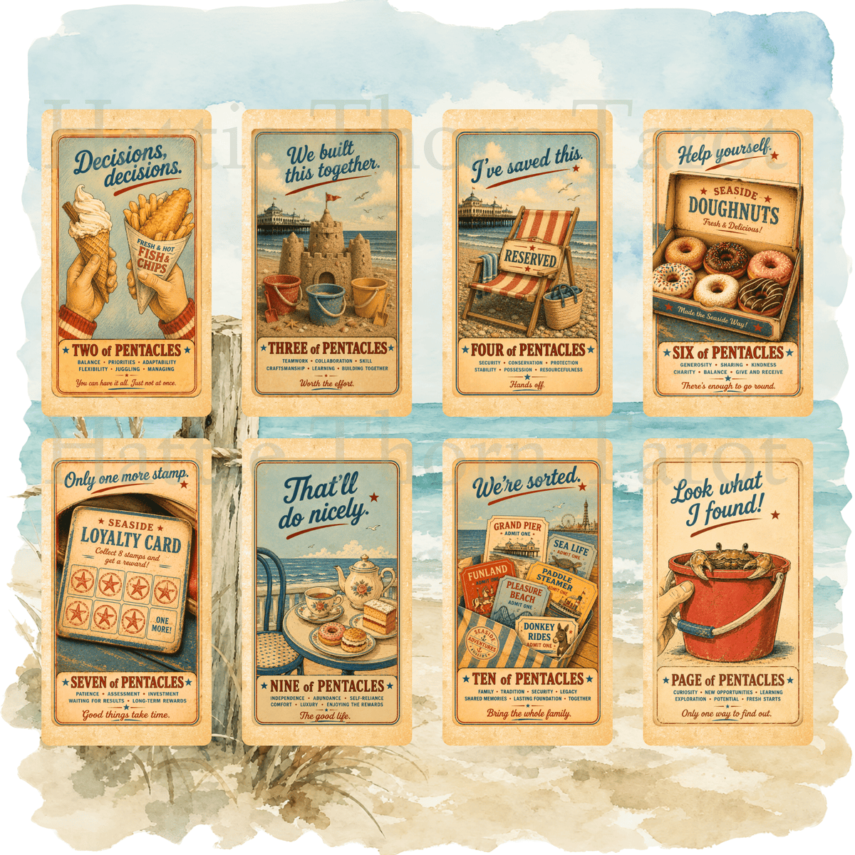 Wish You Were Here? 🇬🇧 A charming British seaside tarot deck where deckchairs, donkeys, ice creams and old postcards bring the tarot to life. - Hattie Thorn Tarot