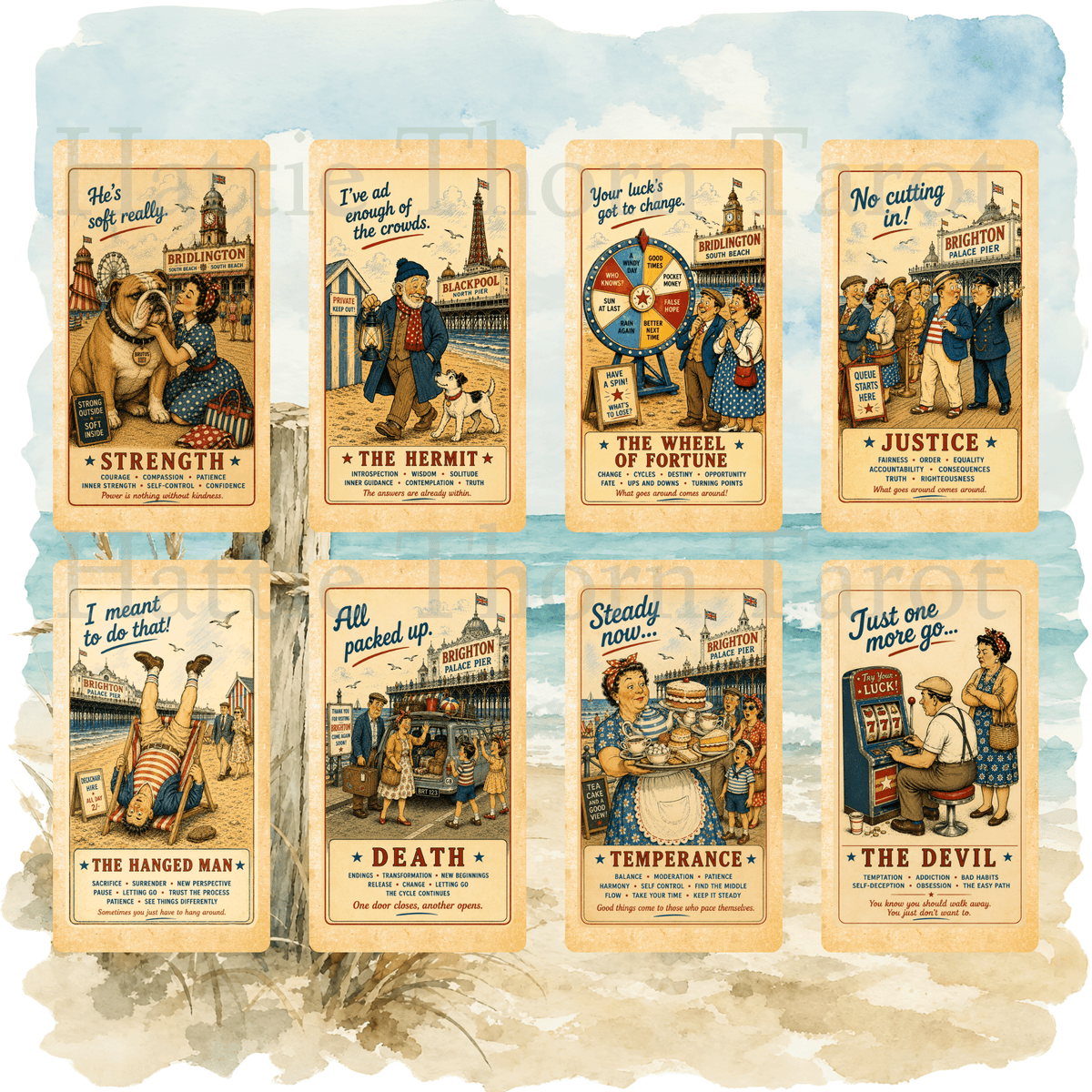 Wish You Were Here? 🇬🇧 A charming British seaside tarot deck where deckchairs, donkeys, ice creams and old postcards bring the tarot to life. - Hattie Thorn Tarot