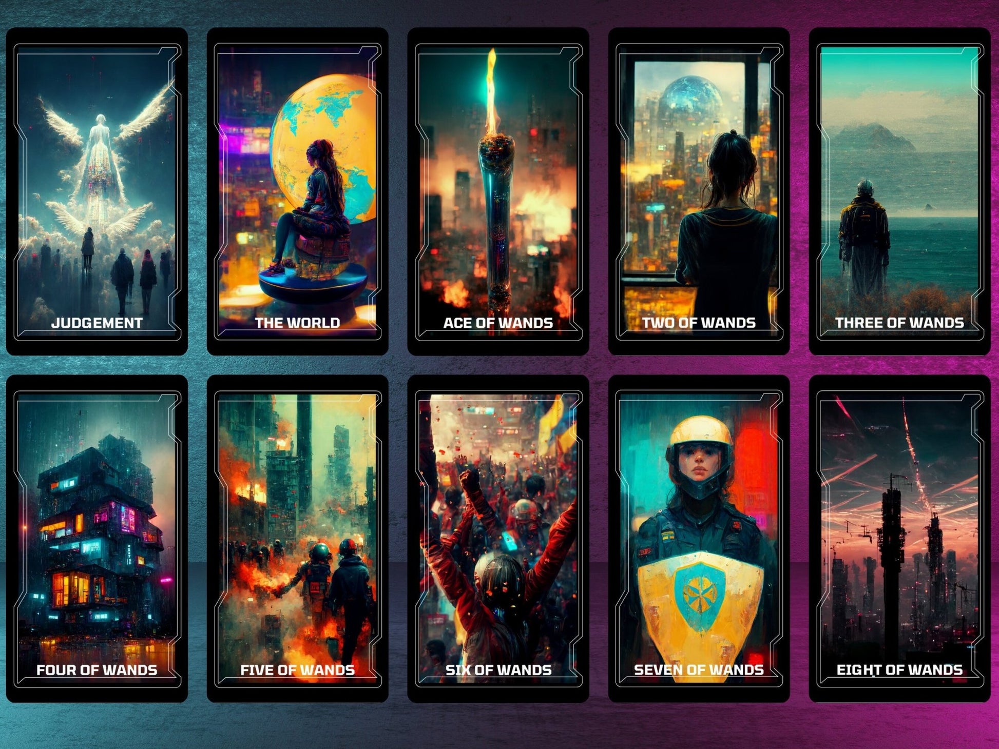CyberTarot 🧬 Traditional tarot meets neon - soaked future in this bold cyberpunk deck. - Hattie Thorn Tarot