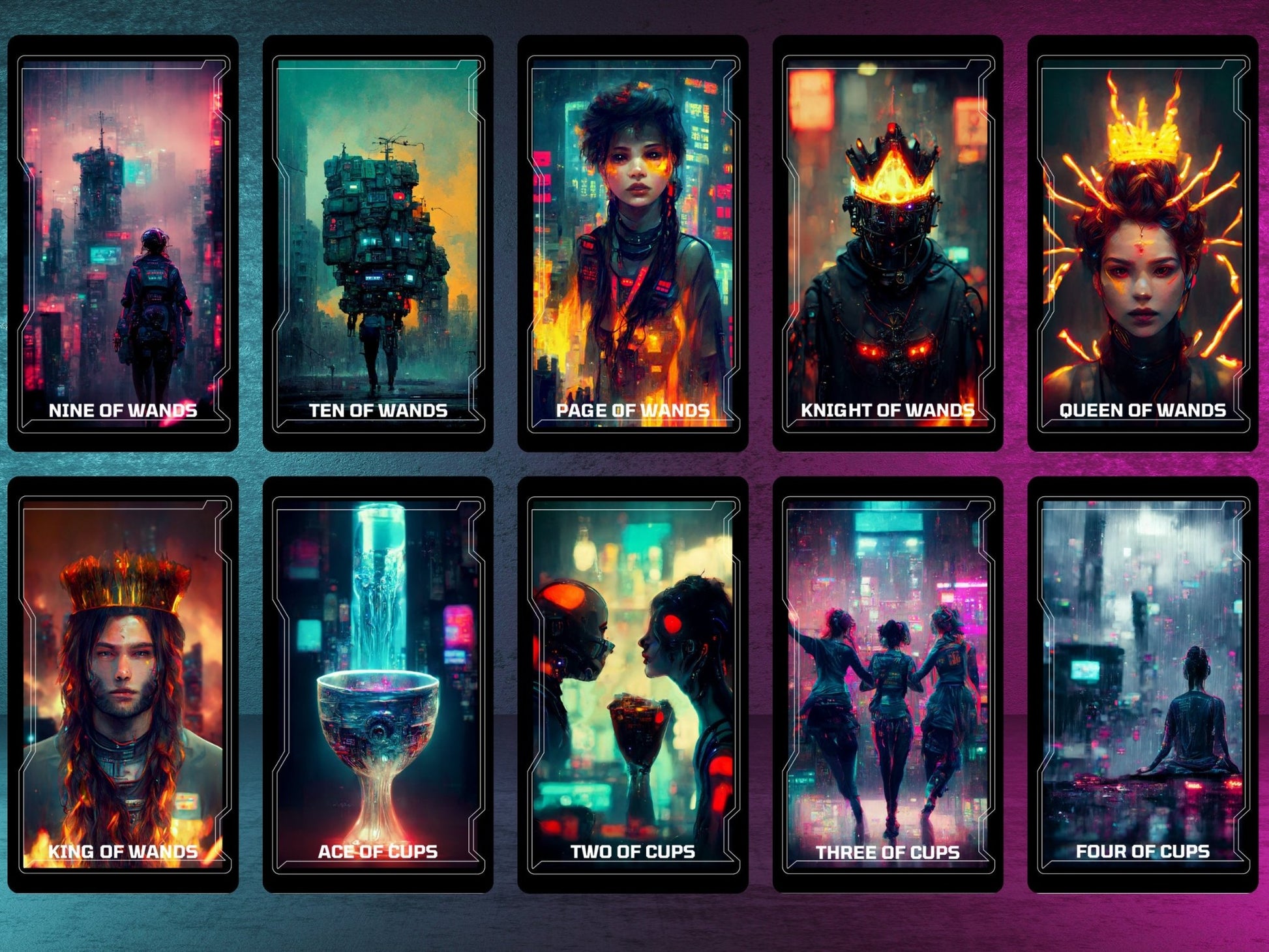 CyberTarot 🧬 Traditional tarot meets neon - soaked future in this bold cyberpunk deck. - Hattie Thorn Tarot