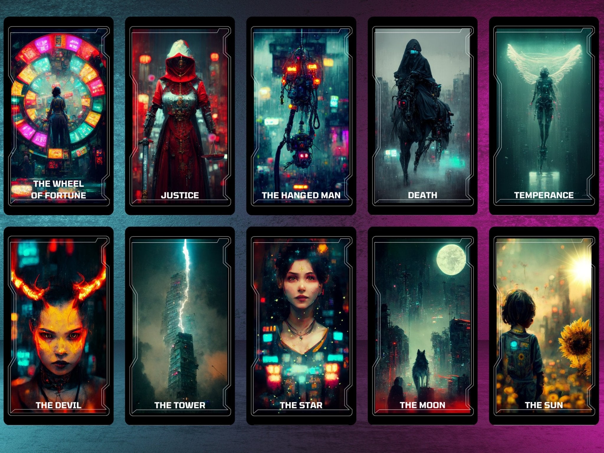 CyberTarot 🧬 Traditional tarot meets neon - soaked future in this bold cyberpunk deck. - Hattie Thorn Tarot