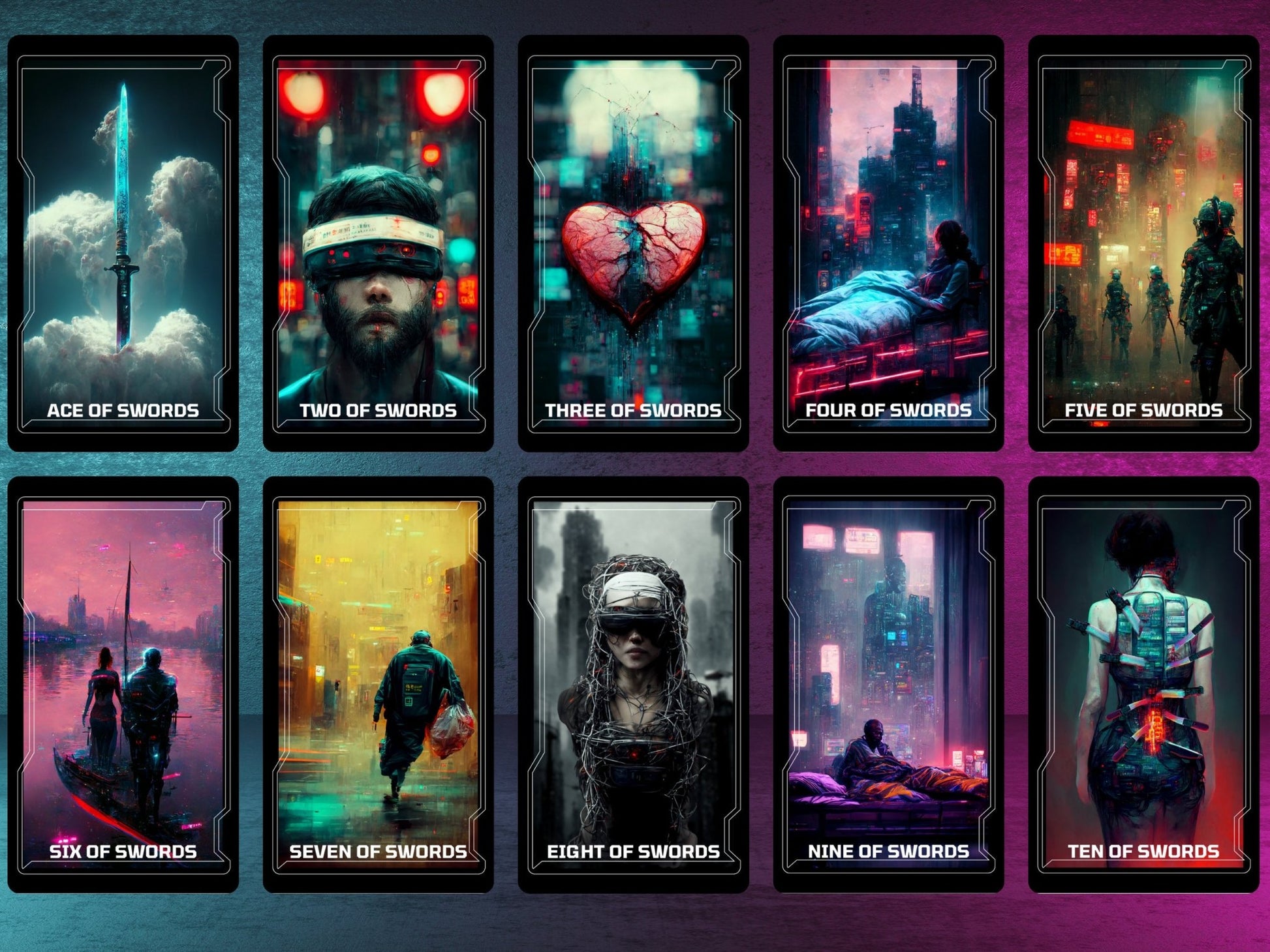 CyberTarot 🧬 Traditional tarot meets neon - soaked future in this bold cyberpunk deck. - Hattie Thorn Tarot