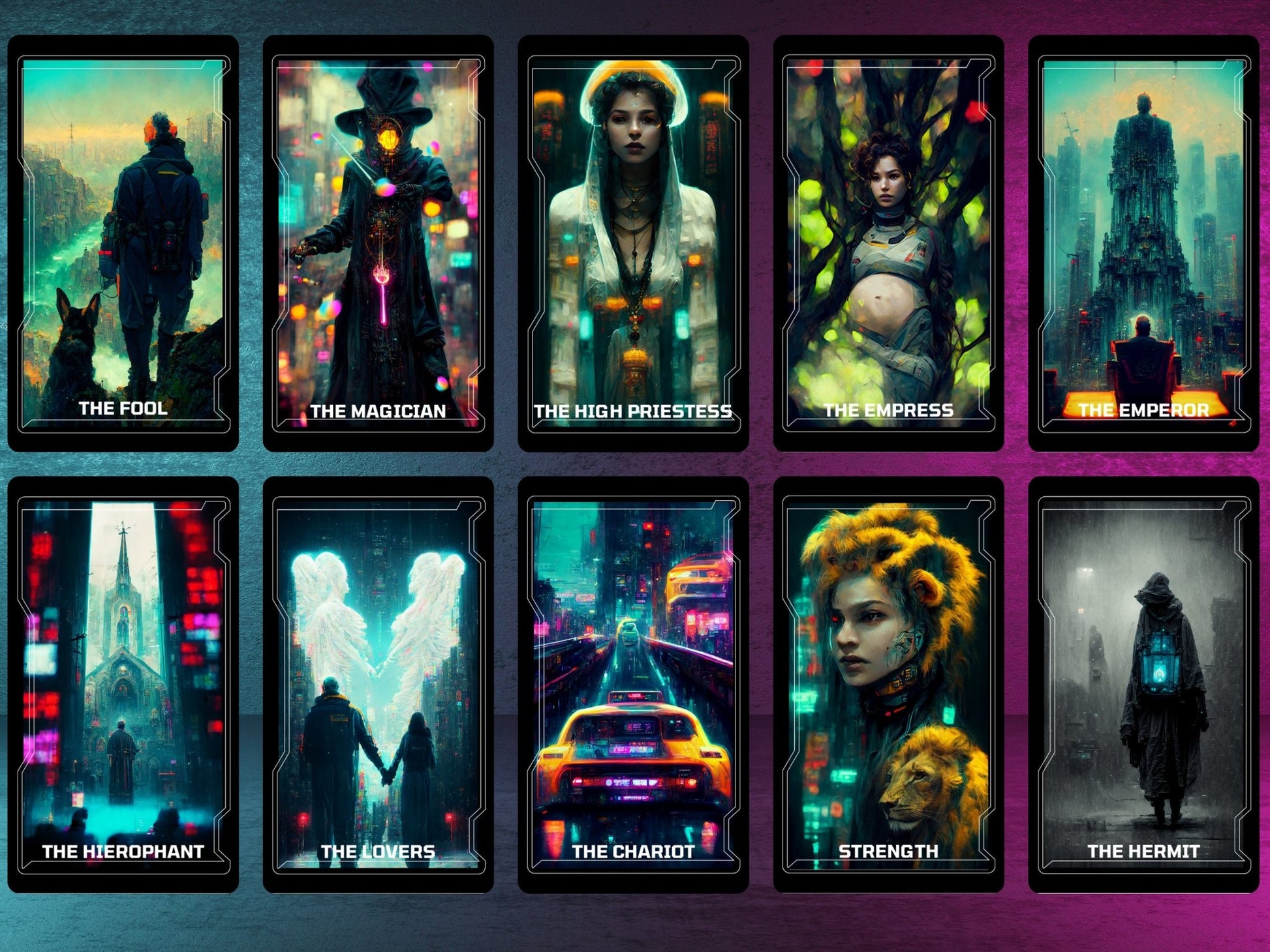CyberTarot 🧬 Traditional tarot meets neon - soaked future in this bold cyberpunk deck. - Hattie Thorn Tarot