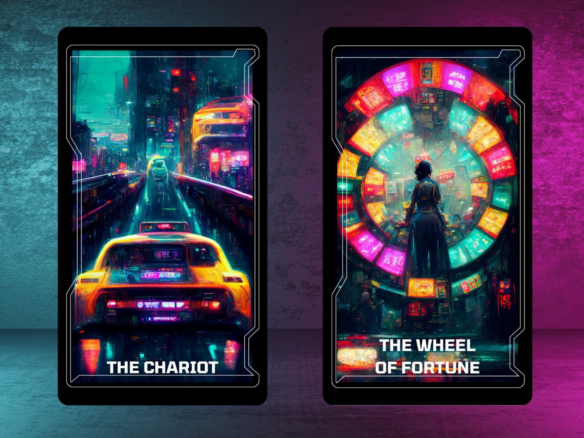 CyberTarot 🧬 Traditional tarot meets neon - soaked future in this bold cyberpunk deck. - Hattie Thorn Tarot