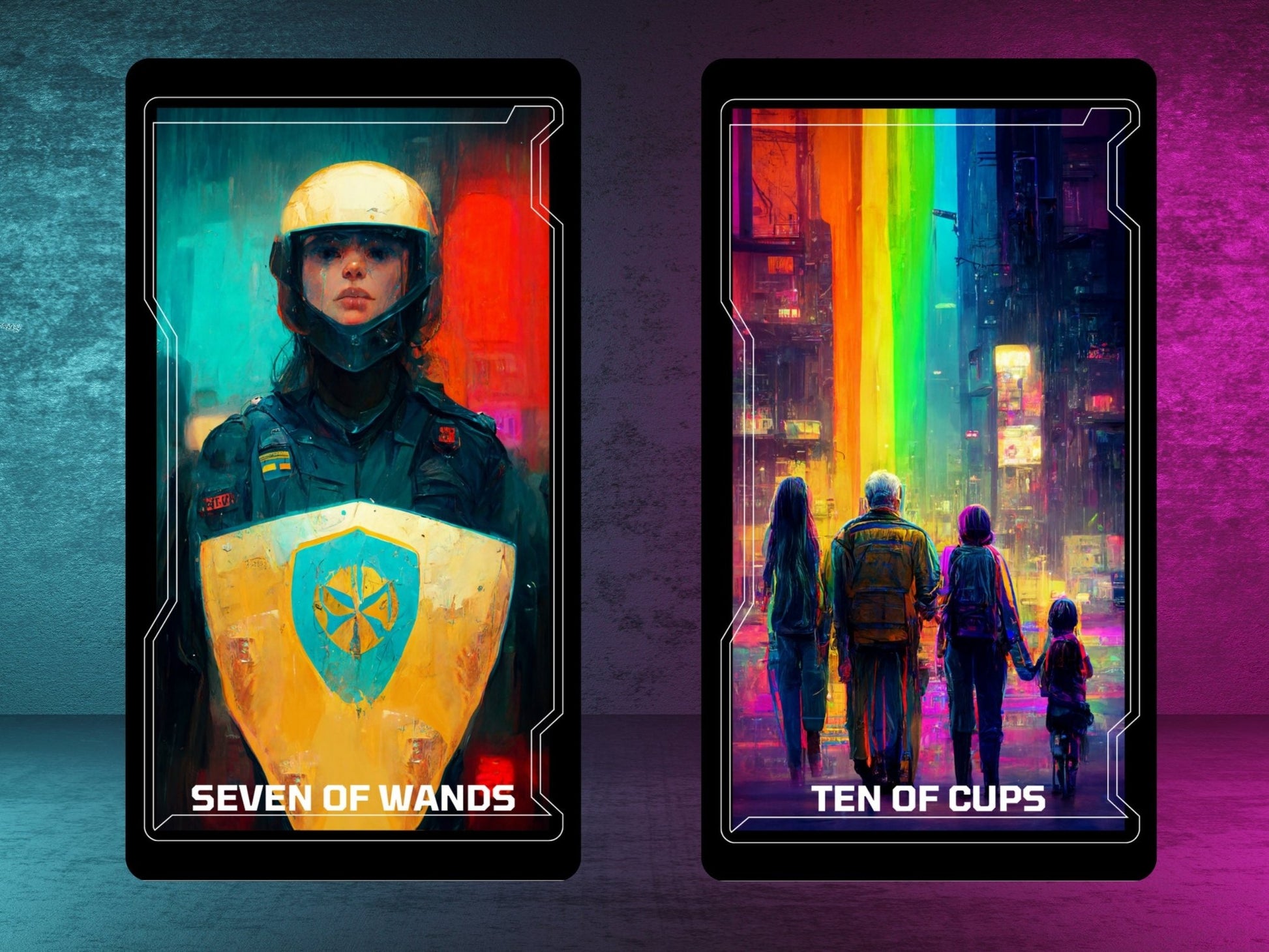 CyberTarot 🧬 Traditional tarot meets neon - soaked future in this bold cyberpunk deck. - Hattie Thorn Tarot