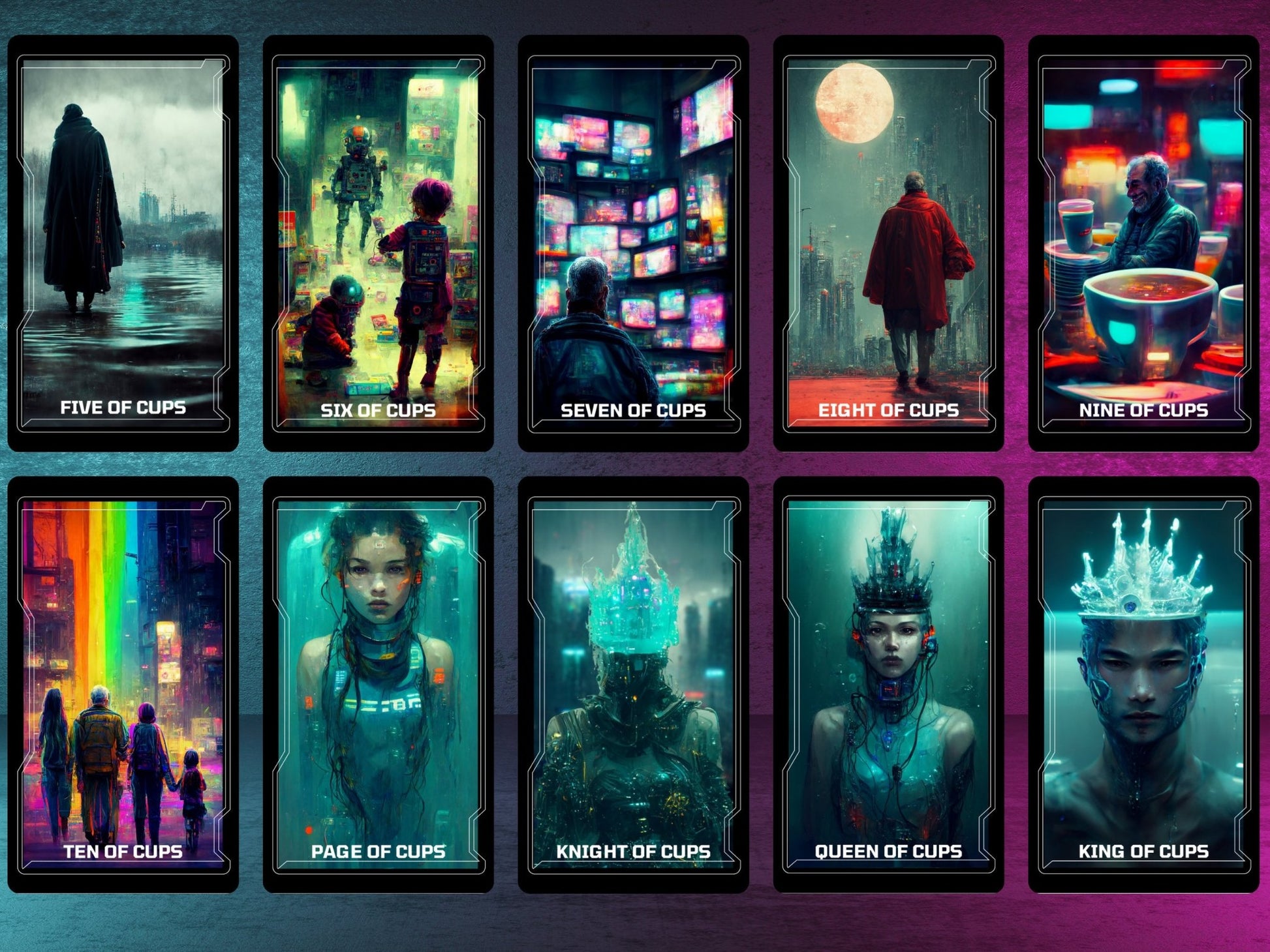 CyberTarot 🧬 Traditional tarot meets neon - soaked future in this bold cyberpunk deck. - Hattie Thorn Tarot
